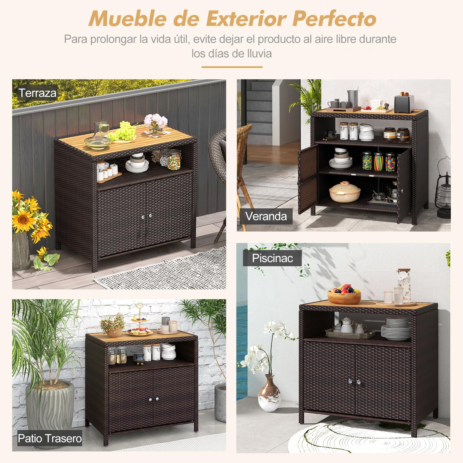 COSTWAY Armario Baja Exterior de Ratán, Armario terraza con Compartimento Abierto y Gabinete Cerrado, Aparador de Mimbre de 2 Puertas Terraza Jardin Exterior, 90 x 53 x 86 cm (marrón)