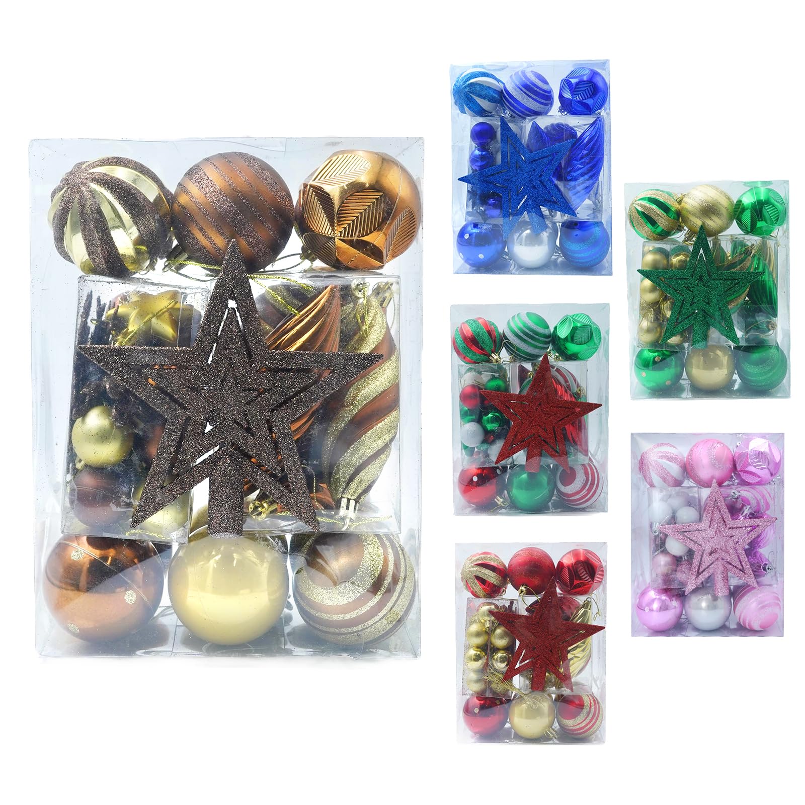 Juego de 50 adornos para árbol de Navidad, bolas de Navidad inastillables con estrella para decoración de árbol con paquete de regalo reutilizable de mano, bola colgante para decoración del hogar