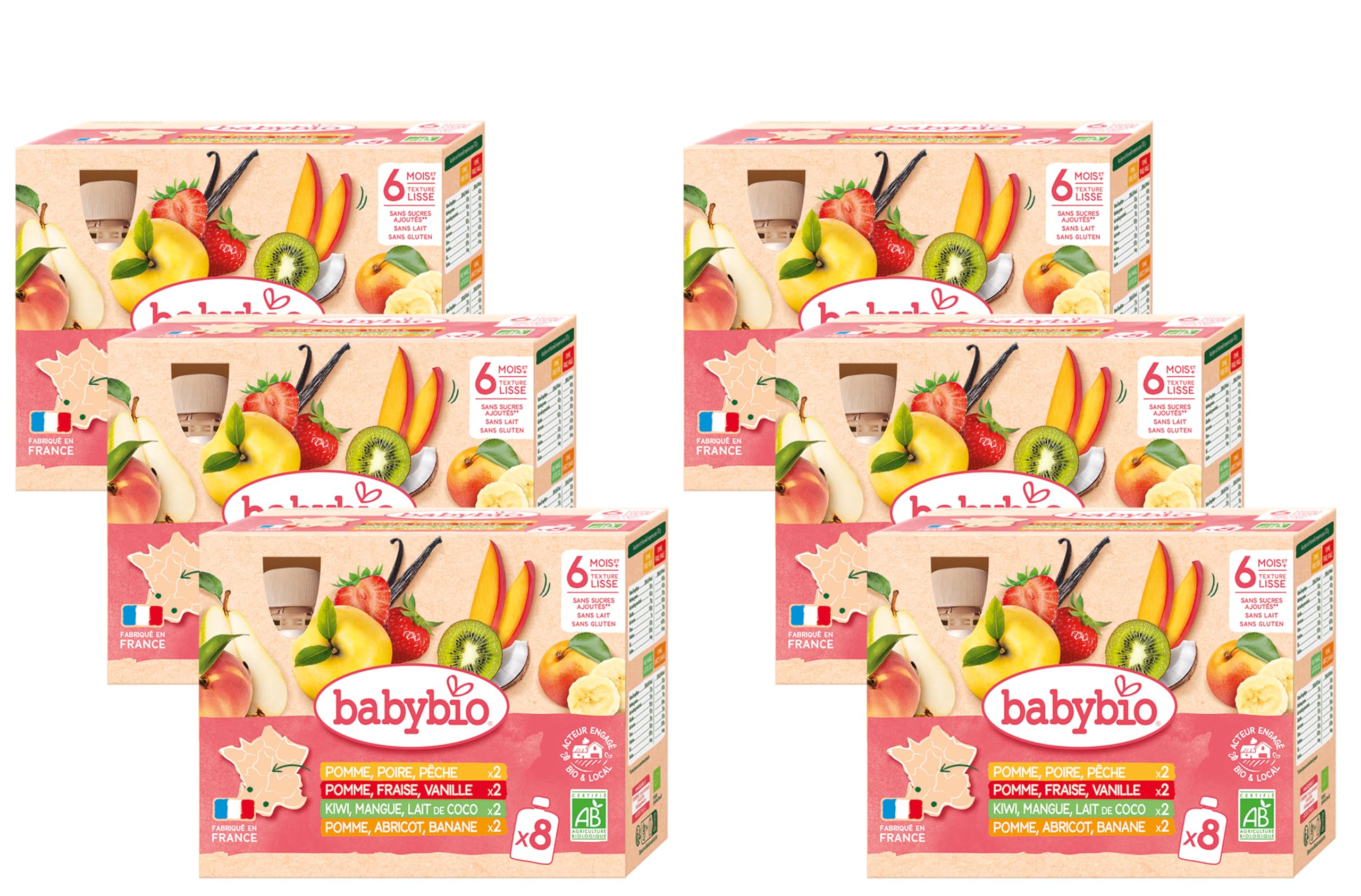 Babybio - Gourdes Multiparfums fruits - BIO - 6+ mois - 8x90g - Lot de 6