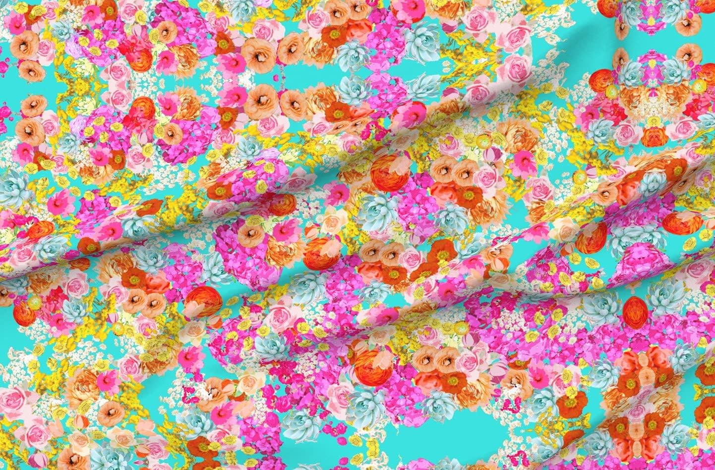 Spoonflower Fabric - Summer Bright Floral Turquoise Extra Large Print Neon Colors Hot Pink Printed on Organic Cotton Sateen Fabric by The Yard - Sewing Quilting Apparel Home Decor