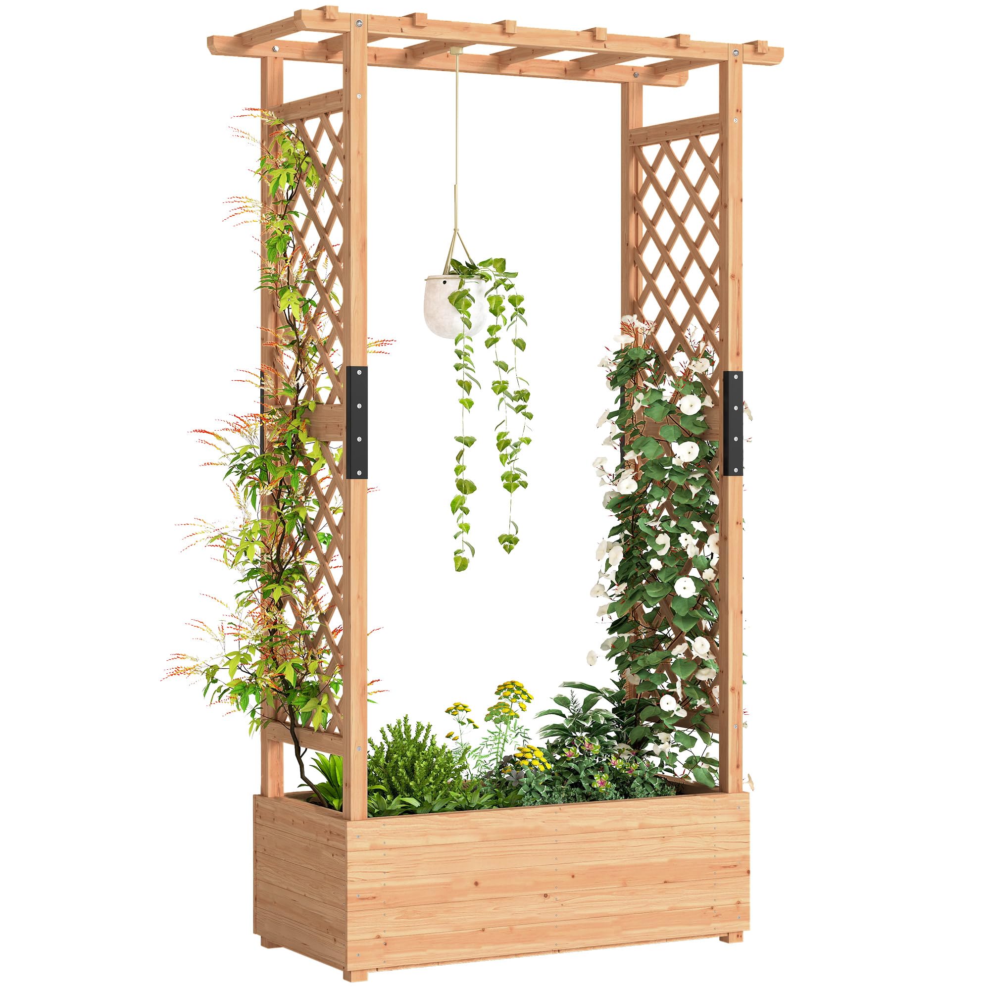 Outsunny Garden Planter with Trellis, Wooden Raised Bed for Garden with Hanging Roof and Drainage Holes, Outdoor Trellis Planter Box for Vegetables, Herbs and Flowers, 110 x 44 x 181 cm, Natural