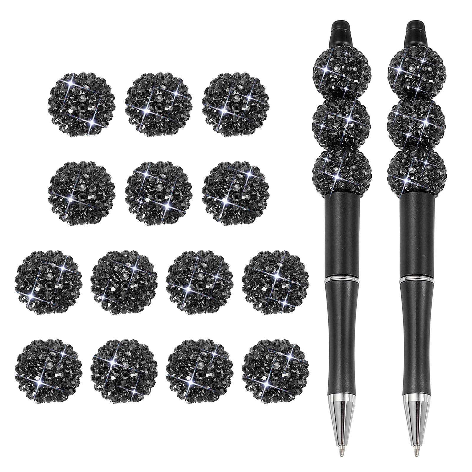 PATIKIL 20Pcs 20mm Rhinestone Beads for Pen, Beads with 2Pcs DIY Ballpoint Beadable Pens for Teacher Office DIY Crafts Party Decorations Handmade Supplies, Black