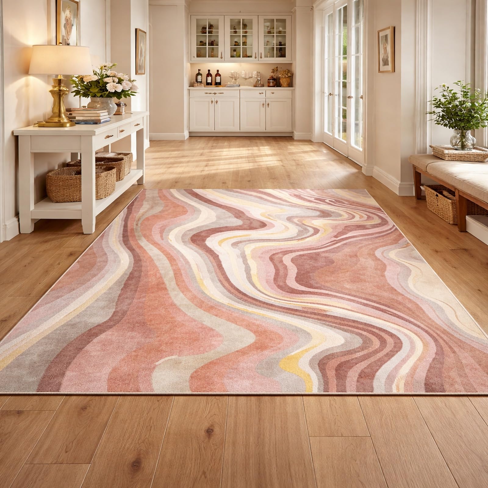 Alfombra de dormitorio rosa con estampado abstracto moderno para renovar tu hogar