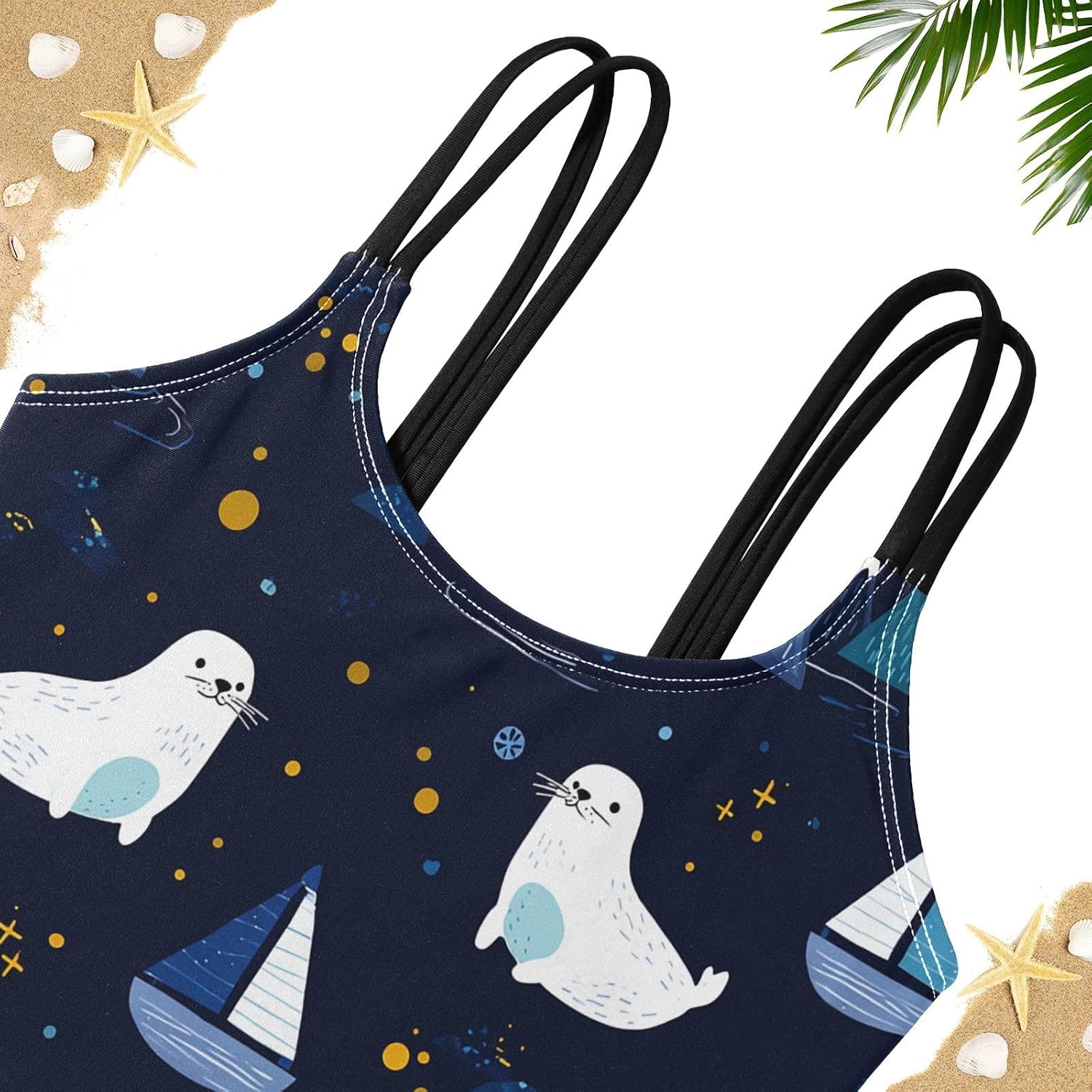 visesunny Girls Two Piece Swimsuits Seal Night Sailboat Girl's Bikini Sets Bathing Suits for Girls Size 5-12Y