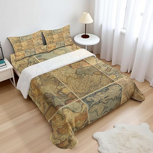 Vista 187 de Lunarable Sábana encimera de mapa del mundo, collage antiguo de mapas del Atlas antiguos, estampado vintage del grupo de civilización, suave y Beige