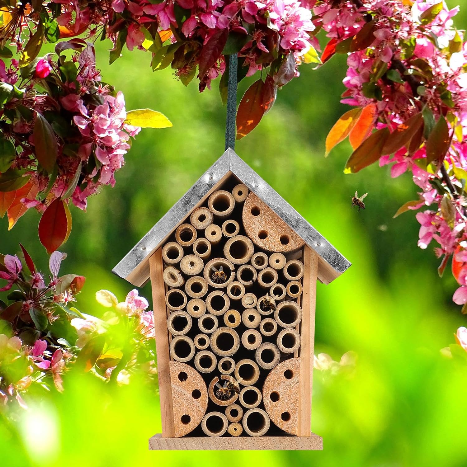Lurrose Wooden Hanging Bee House and Butterfly Home for Garden Outdoor Use, Waterproof Metal Roof Insect Hotel, Bee Hive Shelter for Beneficial Pollinators
