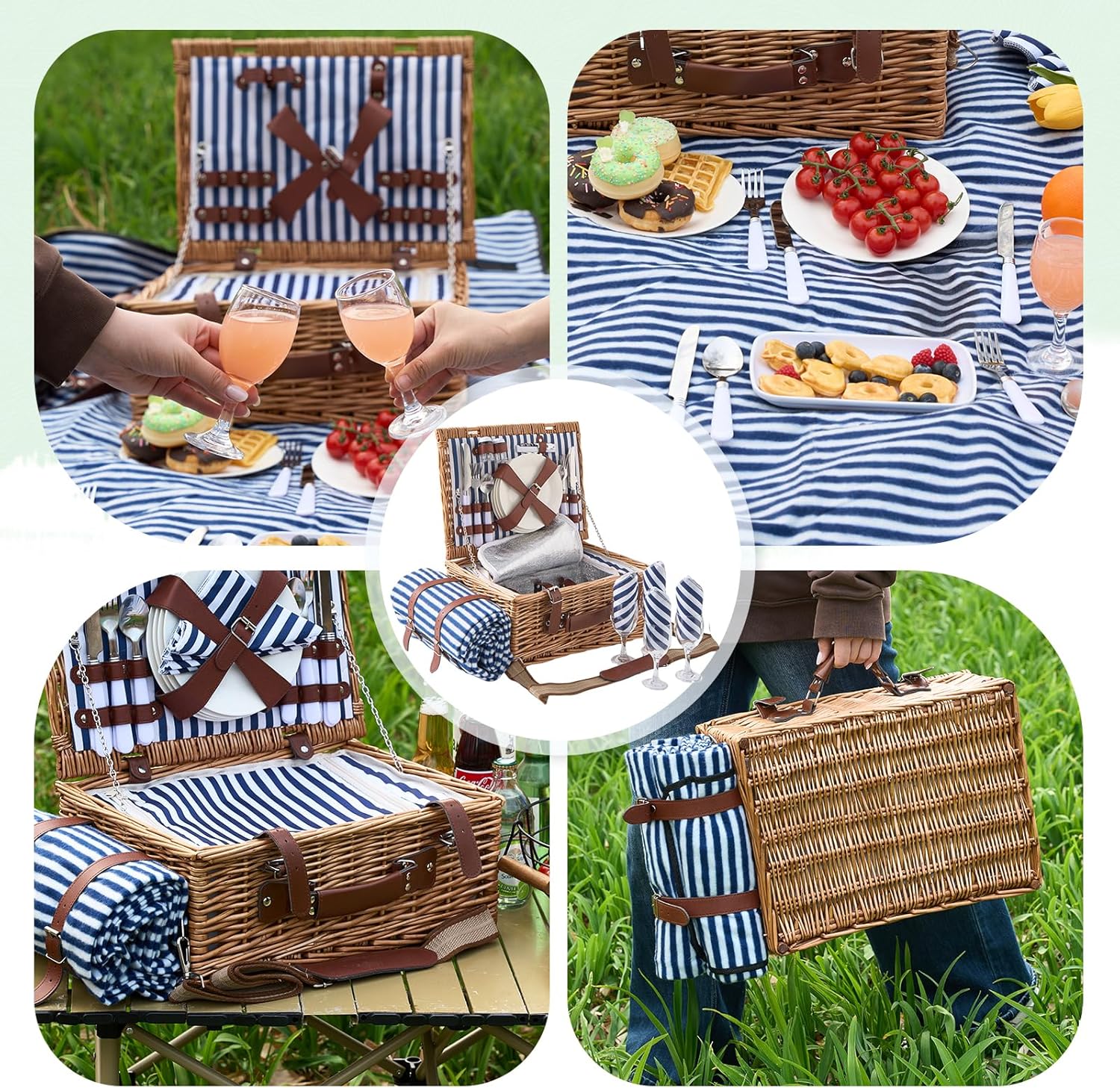 Willow Picnic Basket Set for 4 with Large Insulated Bag and Waterproof Picnic Blanket, Wicker Picnic Hamper for Camping, Outdoor, Birthday, Valentine, Navy