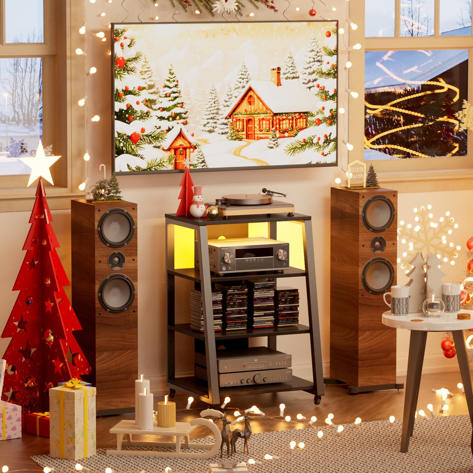 Lifewit Meuble Hifi 4 Niveaux avec Multiprises et Lumières LED, Meuble Vinyle en Bois et Acier, 60 x 55 x 90 cm, Noir