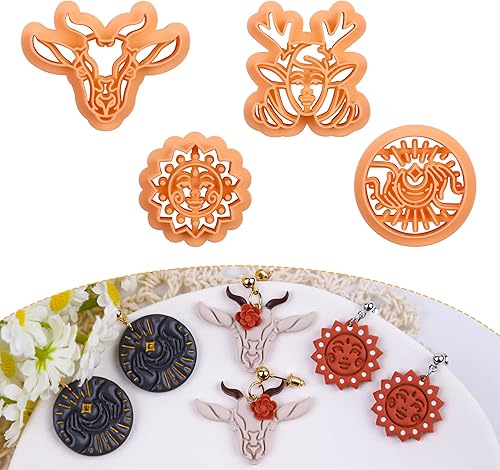 Puocaon Cortadores de arcilla polimérica bohemia, 4 piezas de ciervos bohemios para hacer aretes, cortadores de arcilla polimérica boho en relieve