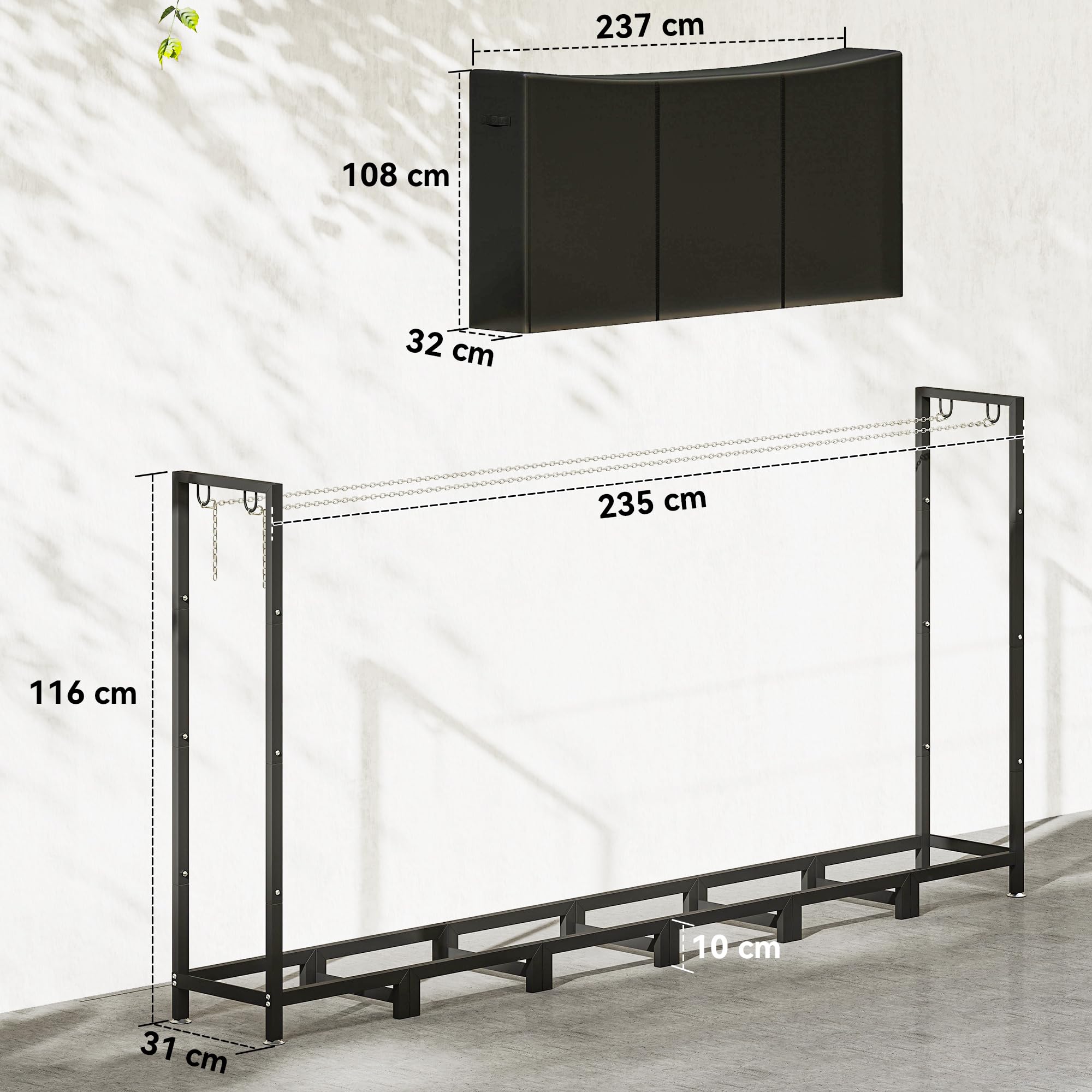 Outsunny Estante de Leña Metálico, 235x31x116 cm, Leñero Exterior con Cubierta Impermeable 600D Oxford, Marco de Acero y Cadenas de Acero, Soporte para Leña de Chimenea, Almacenaje para Madera, Negro