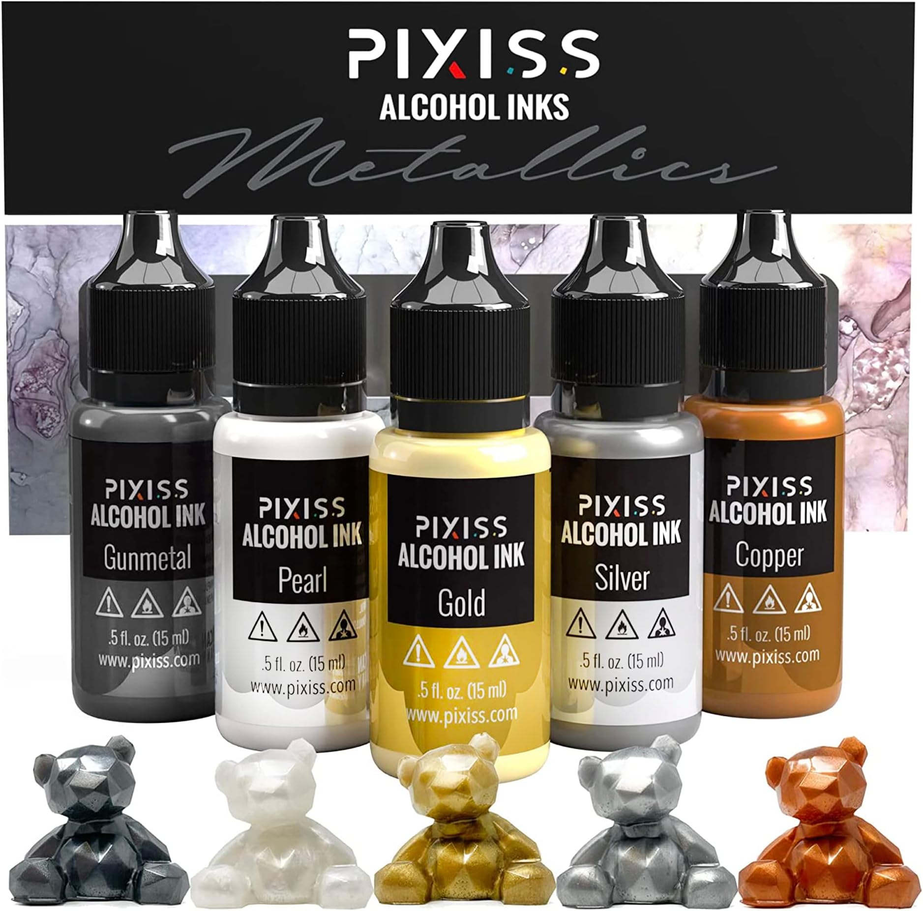Metallic Alcohol Ink Set - Gold, Silver, Gunmetal, Copper, Pearl, Extreme Sparkle - Large 0.5 oz Ink