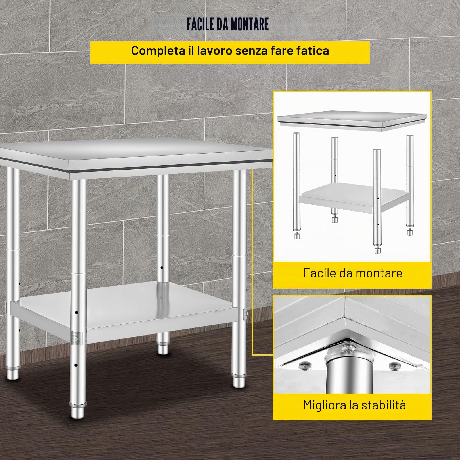 VEVOR 60 x 76 x 80cm Piano di Lavoro per Cucina Professionale Acciaio Inox, Tavolo da Lavoro da Cucina Piano di Lavoro Inox, Tavolo da Lavoro per Cucina Professionale in Acciaio Inox con Baclsplash