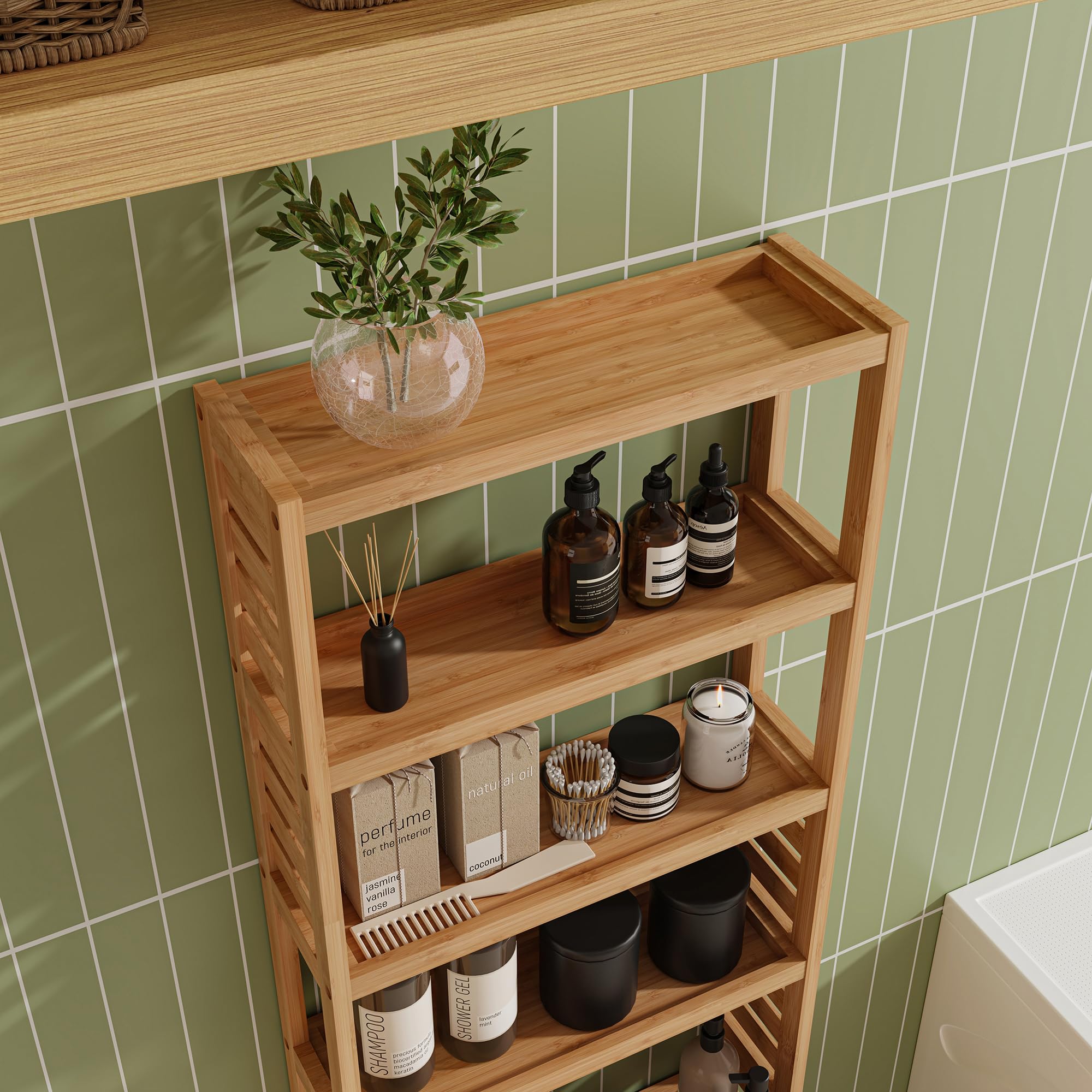 [en.casa] Standregal Forssa 165 x 42 x 28 cm Bambusregal Badregal 7 Ebenen Küchenregal Bambus Natur