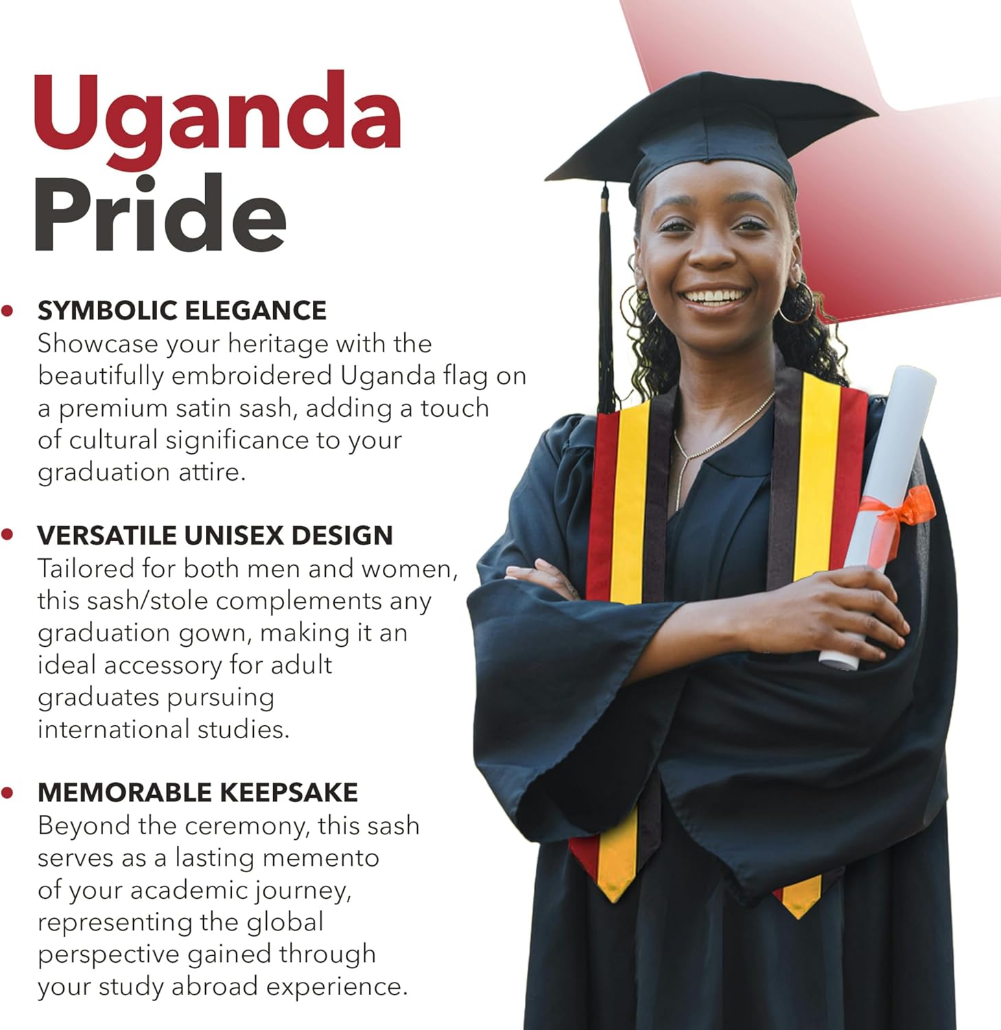 Vision Wear - Uganda Flag Graduation Sash/Stole - Vibrant Cultural Emblem - Celebrate Your Heritage - Ugandan Pride & Honor Sash