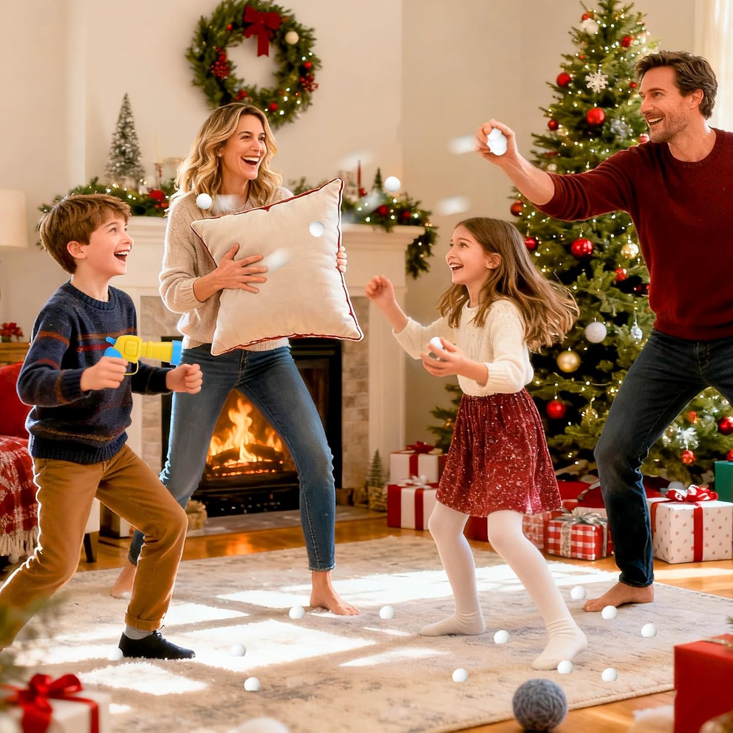 100 PCS Fake Snow Balls for Fights Indoor with Launcher,Soft Artificial Indoor Snowball Fight Set with Snow Bag,Winter Activities Vacation Essentials Christmas Games