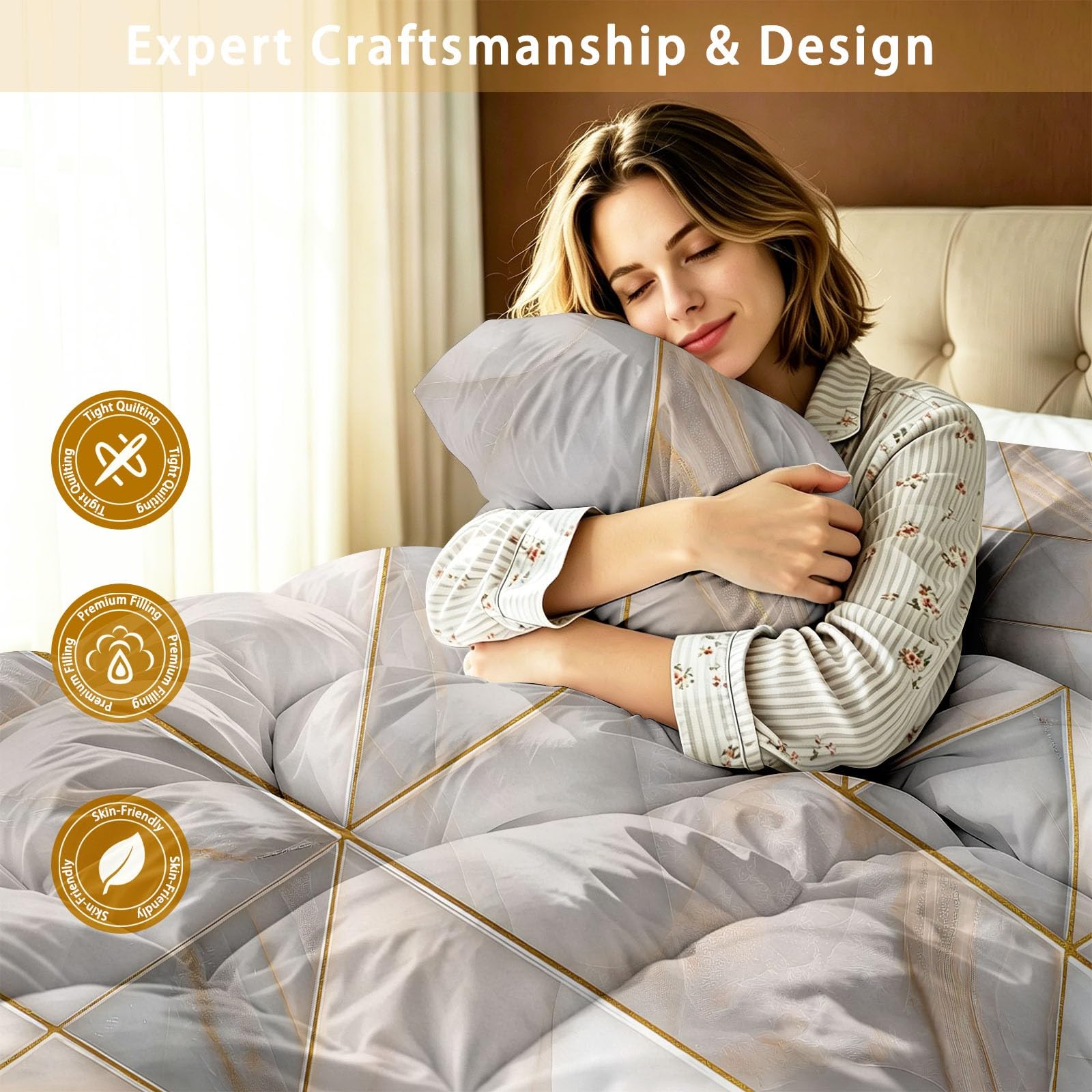 Copripiumino singolo senza copripiumino, design moderno e lussuoso, motivo geometrico a triangolo, reversibile, con federa abbinata, lavabile in lavatrice e ipoallergenico, grigio oro, 135 x 200 cm