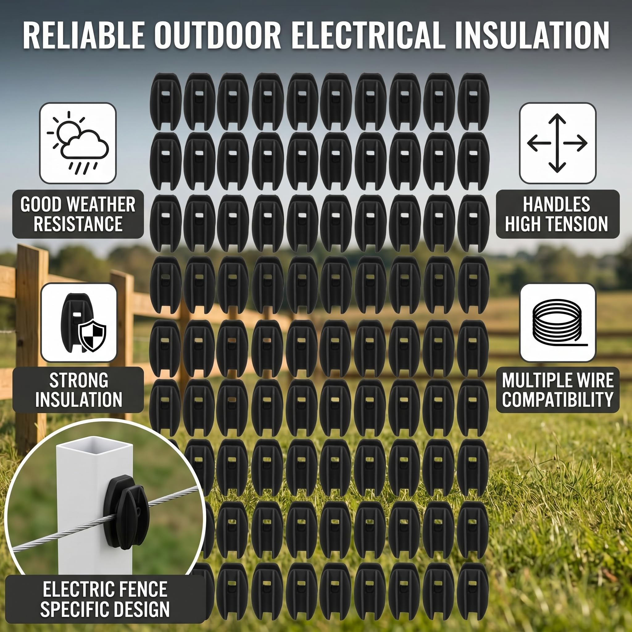 Zerodis Otras Herramientas de Jardín Aislador Protección Material ABS Aislamiento Fuerte para Cercas de Ganado Fácil Instalación Resistente a la Intemperie Uso Versátil 100PCS Cerca Eléctrica (BLACK)