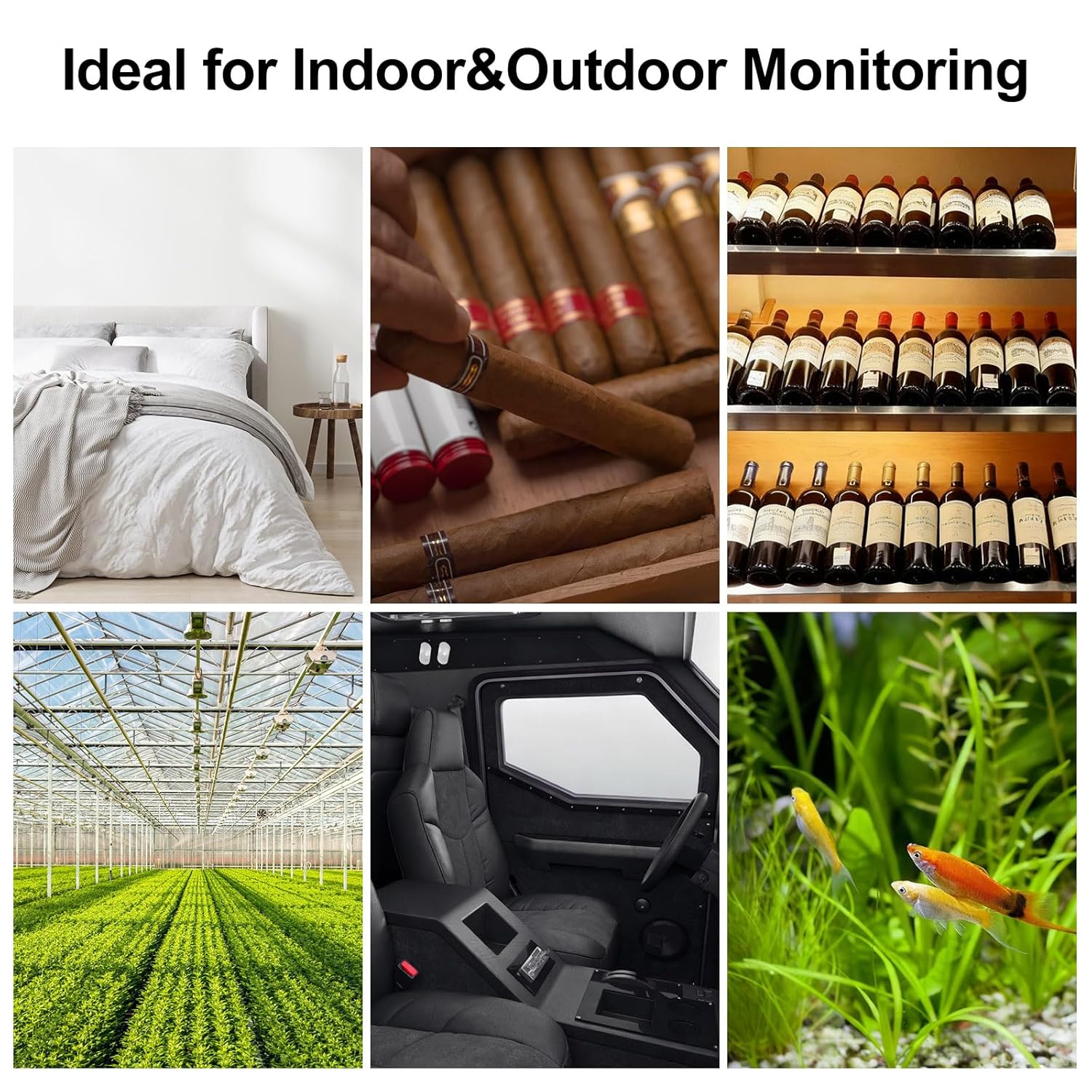 Collage of various indoor and outdoor environments where the eMylo RTH11 sensor can be used, including a bedroom, cigar humidor, wine cellar, greenhouse, car, and aquarium.