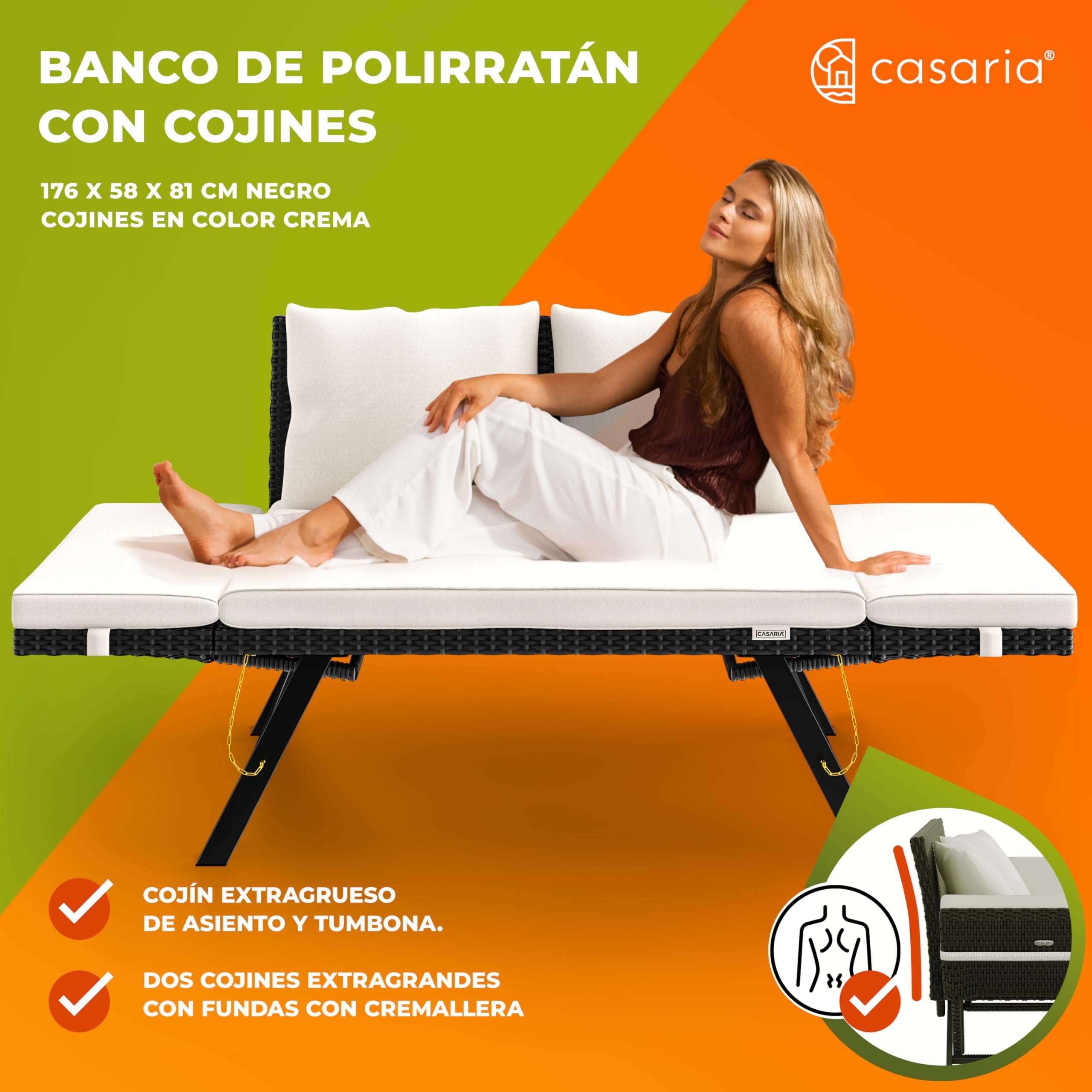 CASARIA® Sofá de Jardín Poliratán 2en1 Reclinable Tumbona Cama Banco Exterior Multifuncional Reposabrazos Ajustables Cojines Intemperie 240Kg Negro