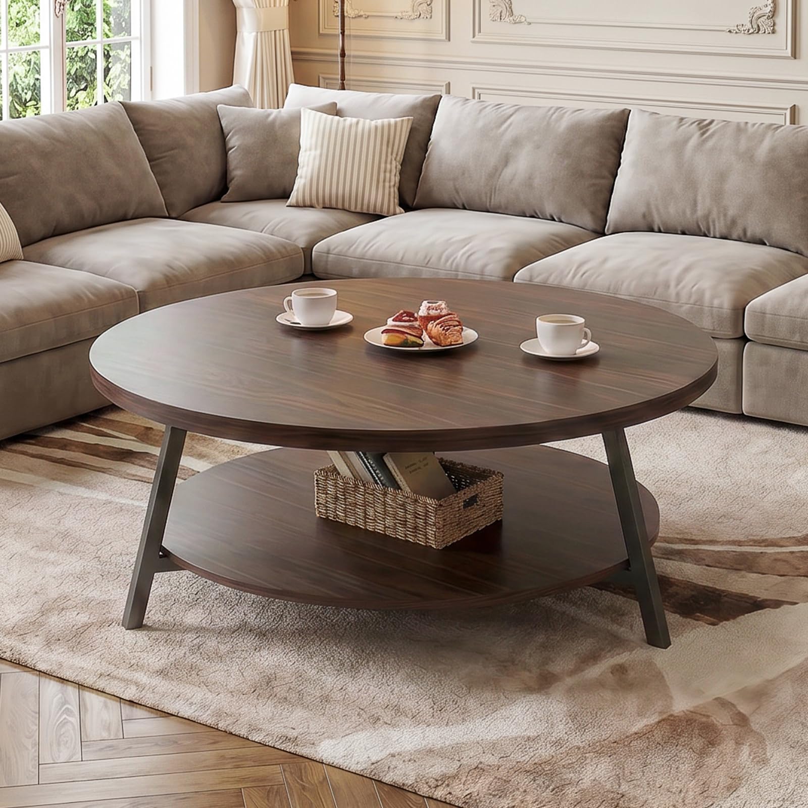 Round Wood Coffee Table with Two-Tier Storage