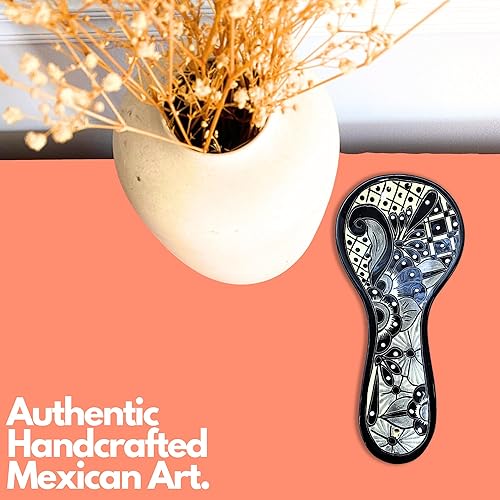 Miniatura 5 de Cuchara de cerámica - Talavera pintada a mano - Estilo mexicano - Decoración del hogar en blanco y negro - Cuchara Floral BlancoNegro