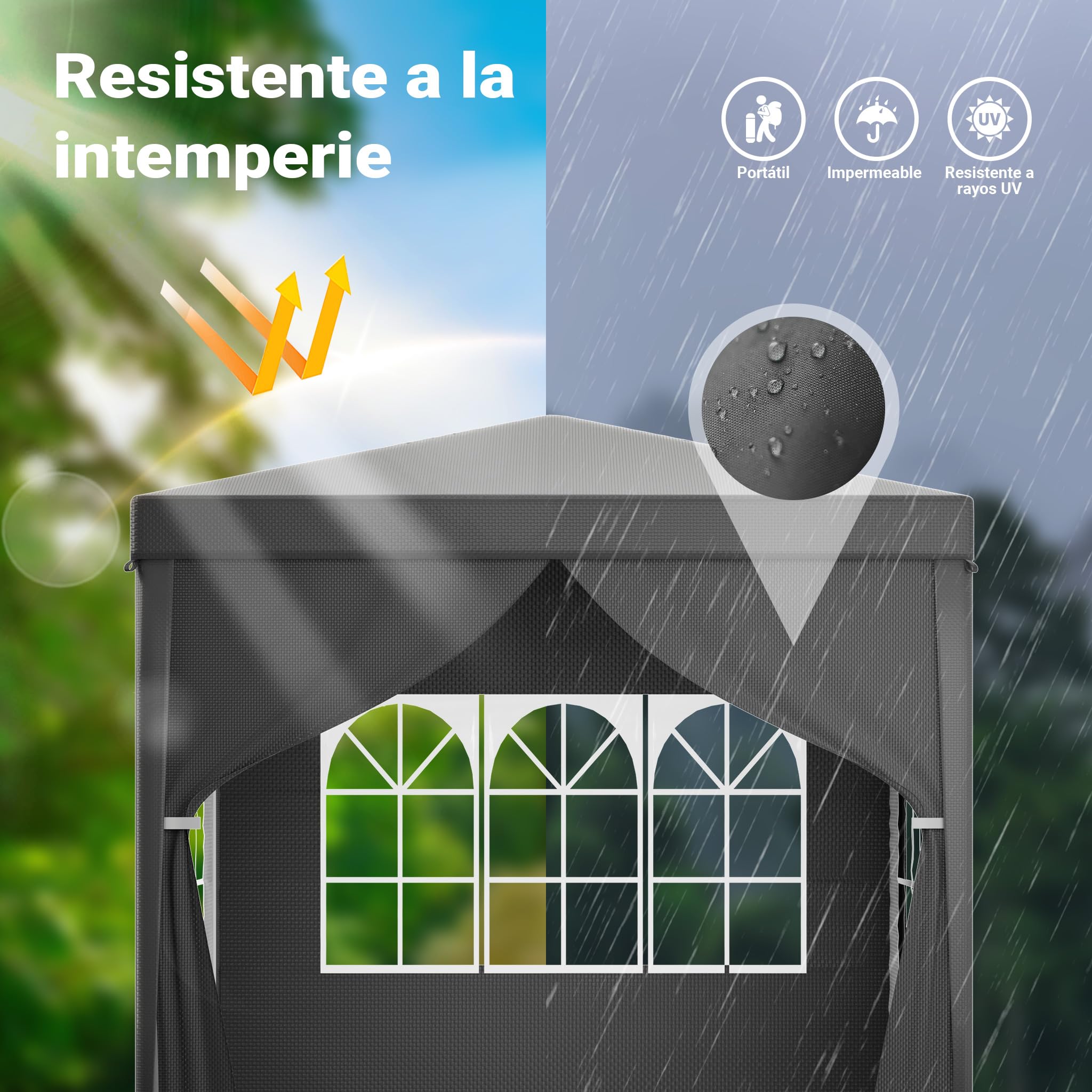 Toboli Pabellón 3 x 3 m en gris con protección UV 50+, gazebo de jardín con laterales desmontables, carpa para fiestas con ventanas, por ejemplo, para terrazas y festivales