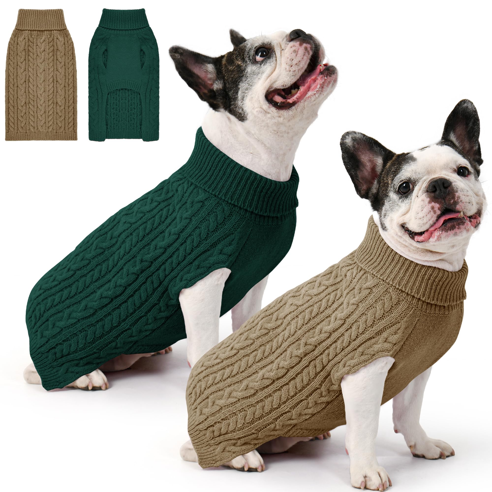 Dog Sweater 2 Pack for Medium Dogs, Size M, Green &amp; Brown