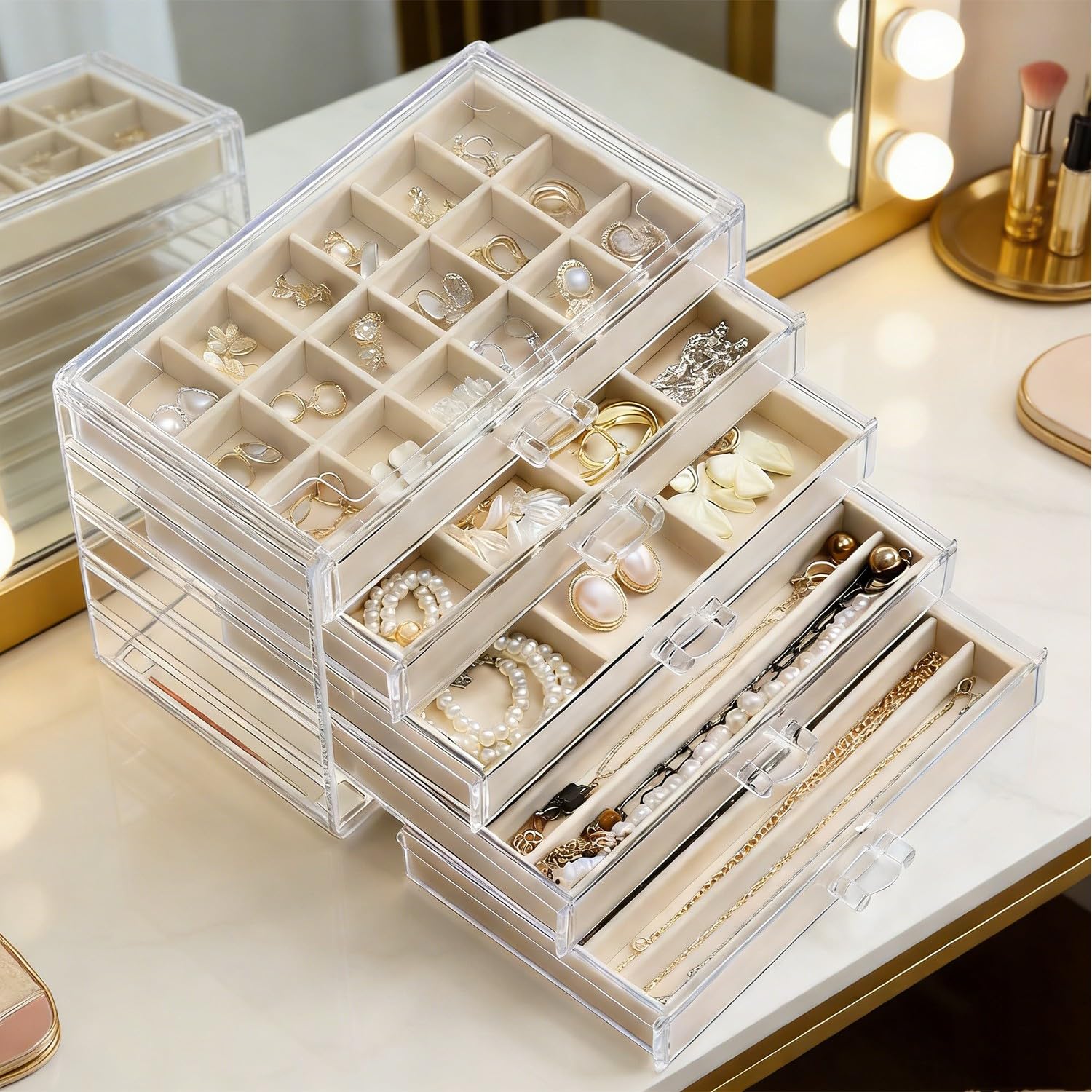 Joyero acrílico para mujer con 5 cajones, organizador de joyas con bandeja de terciopelo, estuche para guardar collares, anillos, pendientes y pulseras (Beige, 5 Drawers)