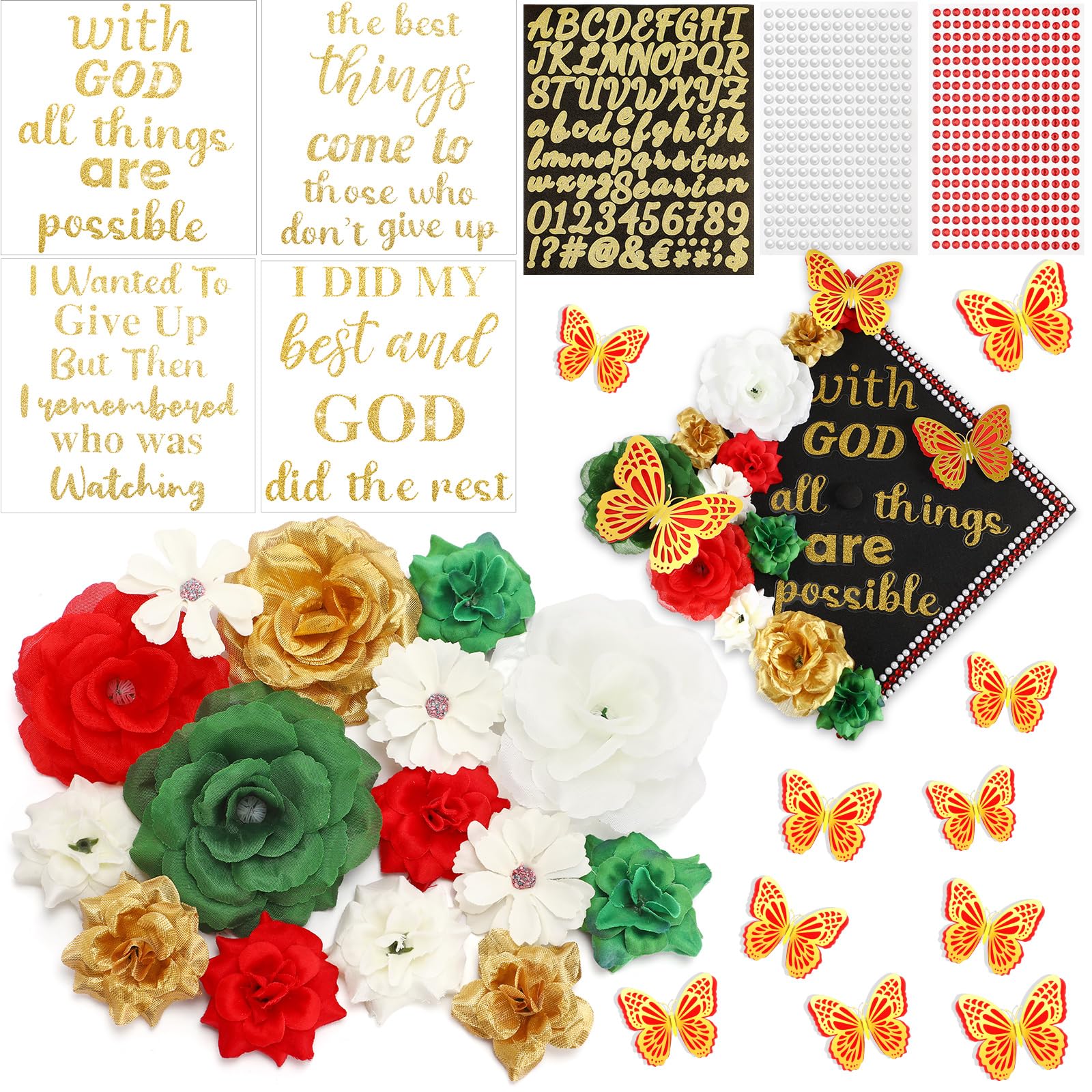 Solsew 35 Pcs DIY Graduation Cap Decorations Kit, Include Faux Flower 3D Butterfly Graduation Quote Glitter Sticker Pearl Rhinestone for Grad Hat