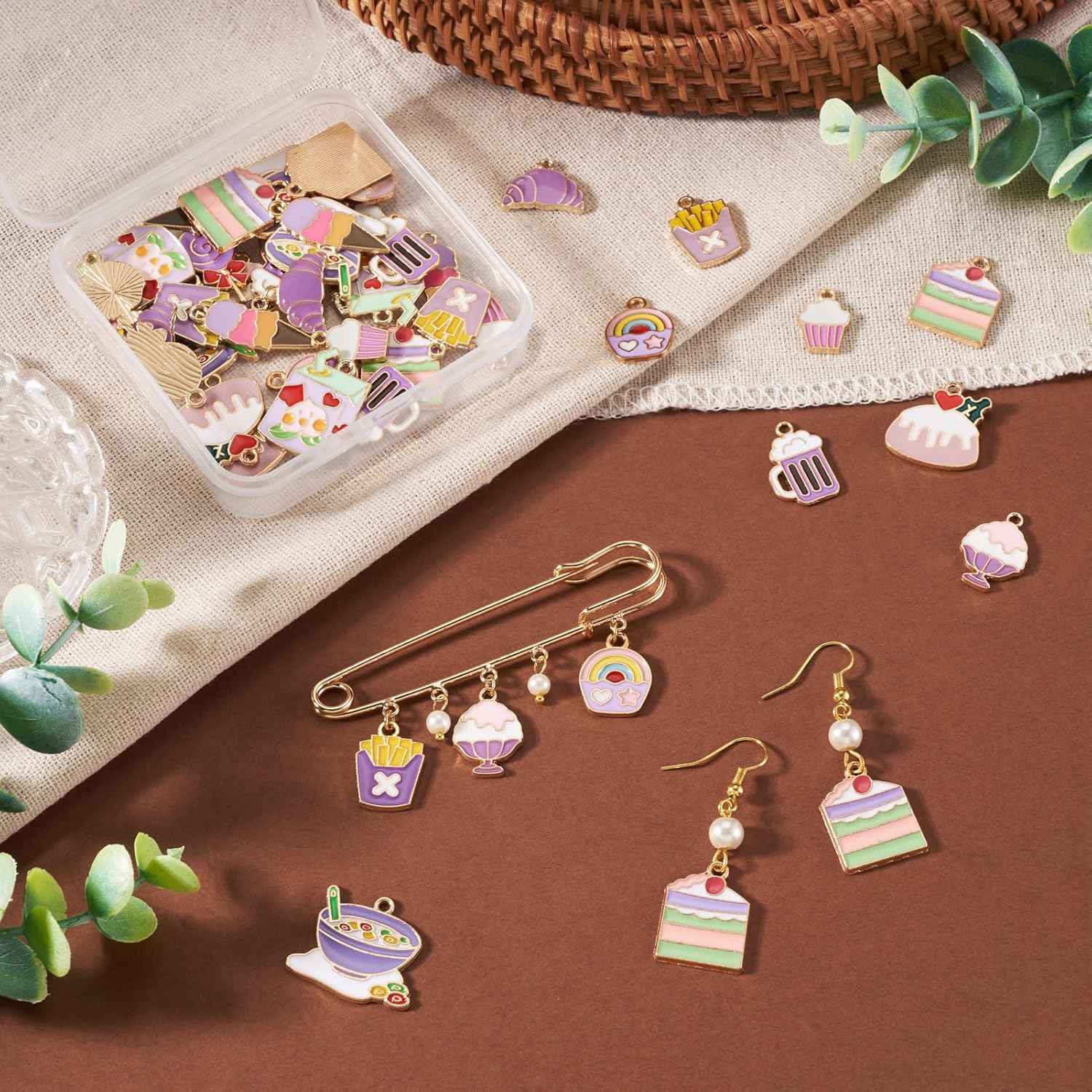 FASHEWELRY 48Pcs 12 Styles Food Enamel Charm Pendants Assorted Golden Cake Chips Ice Cream Cute Sweet Food Charms Metal Dangle Enamel Charms for DIY Necklace Bracelet Earrings Jewelry Making - Image 2