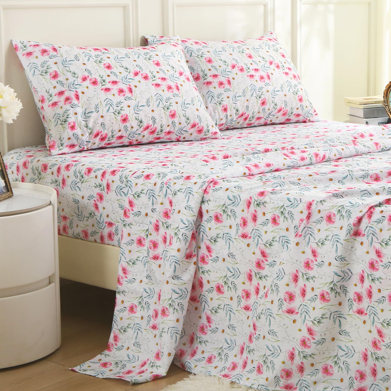 MUXHOMO King Size 4 Piece Sheet Set, Soft &amp; Breathable Sheet for Bedroom with Deep Pocket Up to 16", Wrinkle-Free &amp; Cooling Bed Sheets with Flat Sheet, Fitted Sheet &amp; Pillowcases - Pink Daisy