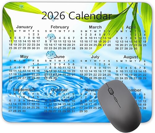 Alfombrilla de mouse con calendario, 2026 con fondo de gota de agua, alfombrilla de mouse de goma natural, alfombrilla de mouse rectangular de