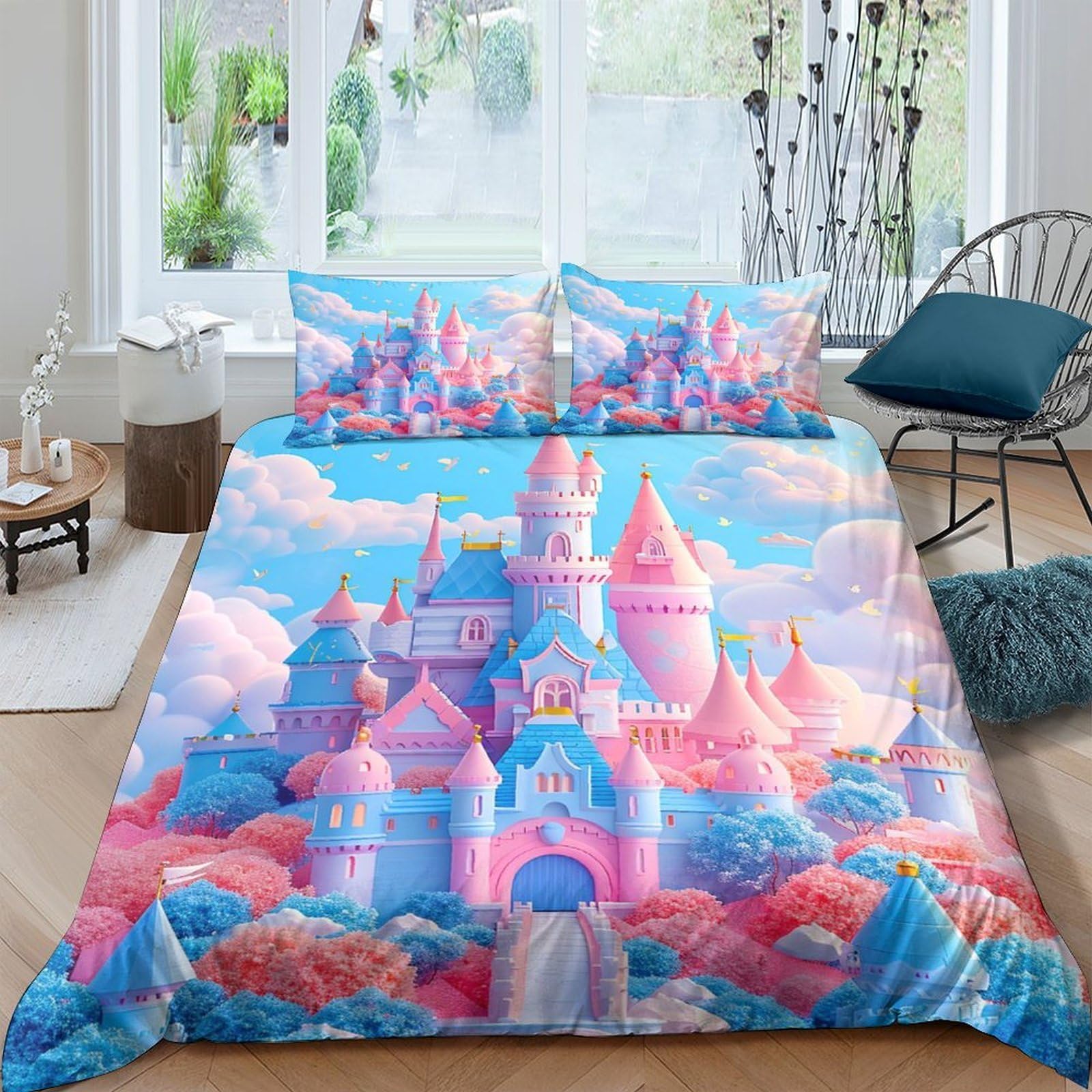 Ctjqhvkz Style-6 3D Printed Fantasy Castle Fitted Sheet Microfiber Soft Pink Blue Dreamland Bed Cover For Bedroom Guest Room Mattress Decor 116 Single（135X200cm）