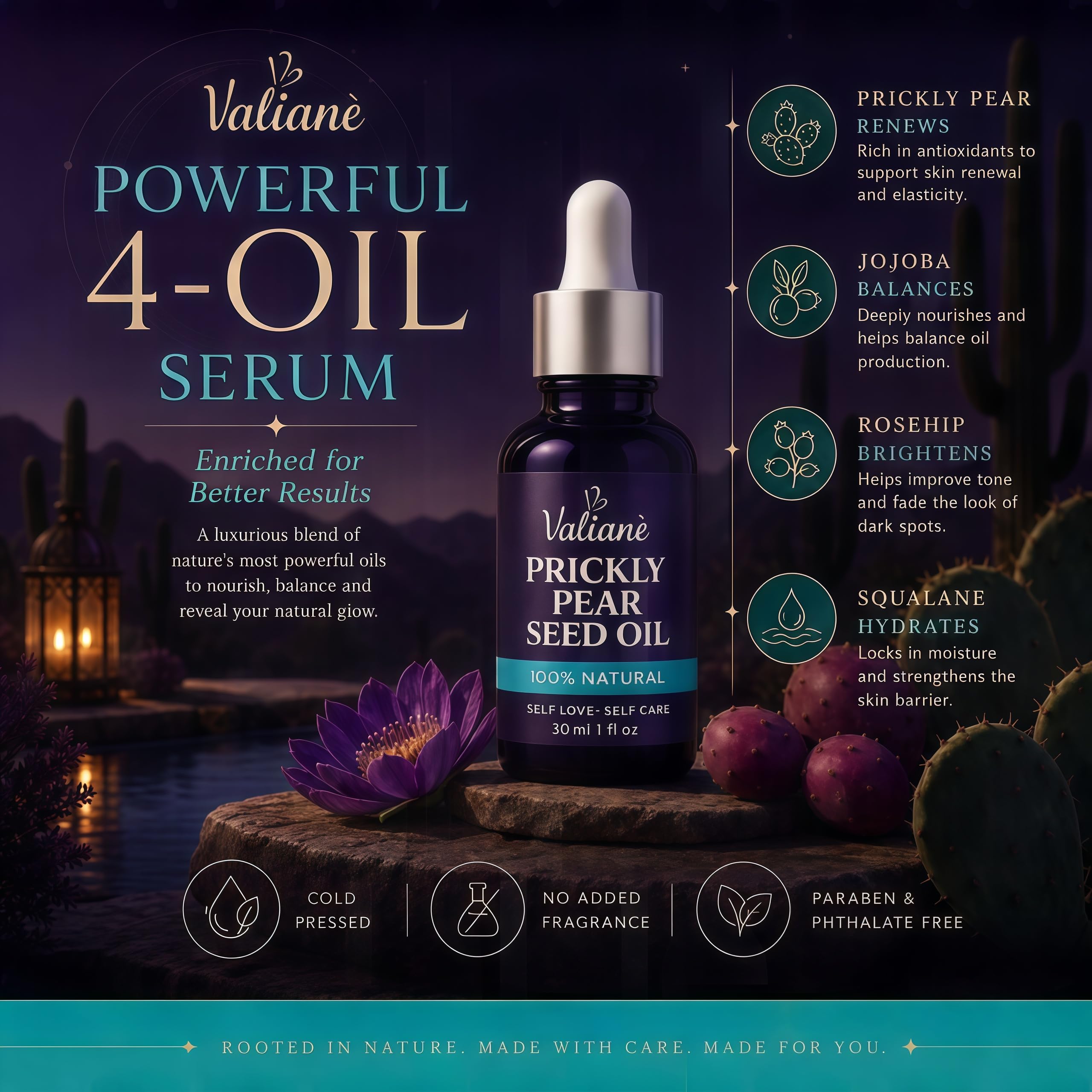 VALIANÈ Prickly Pear Seed Oil Face Serum for Face, Hair, Body & Nails, 1 fl oz