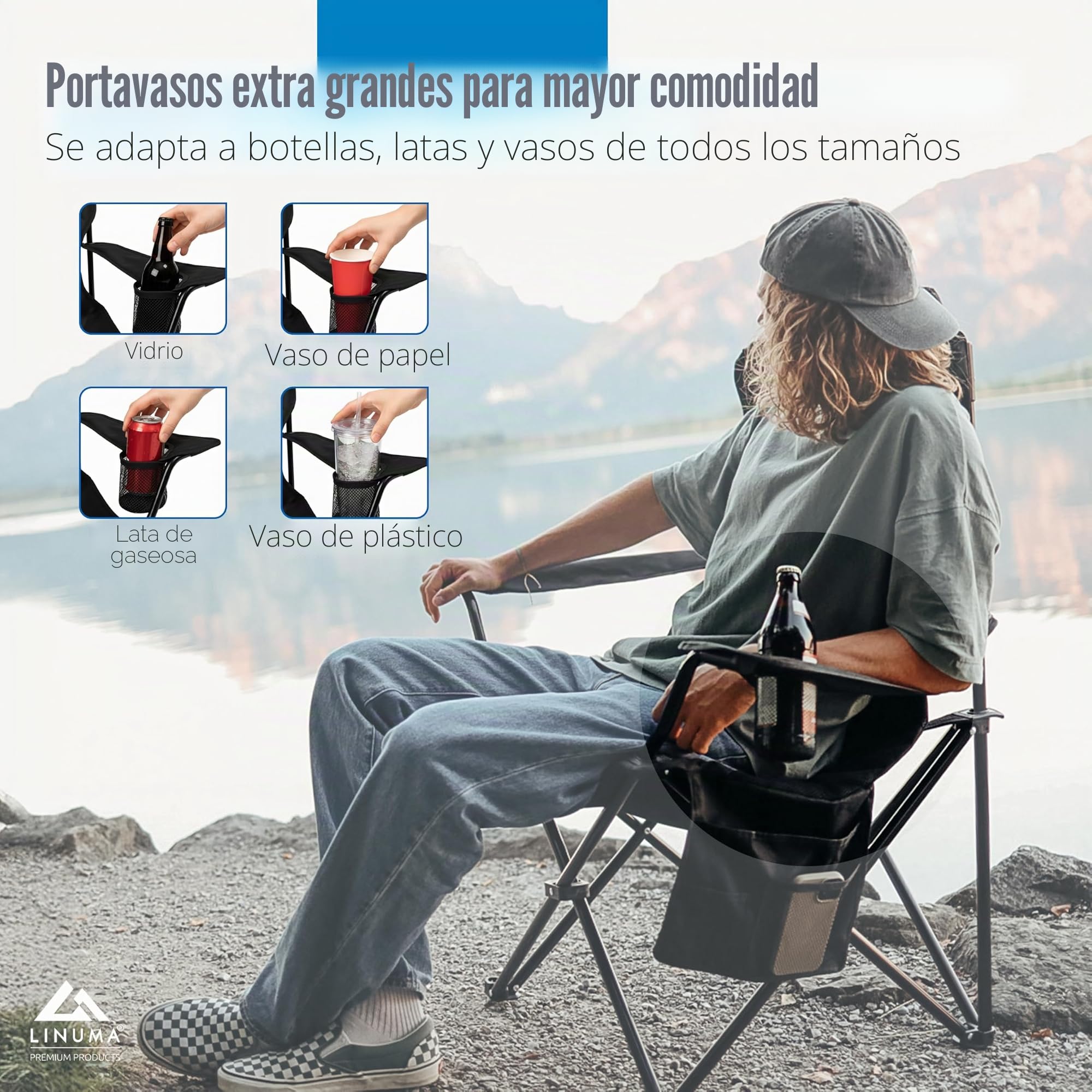 Silla de Camping de Lujo Plegable Color Negro con Soporte para Bebidas y Bolsa de Transporte – Silla Resistente y cómoda de Aluminio para Camping, Pesca, jardín y Playa