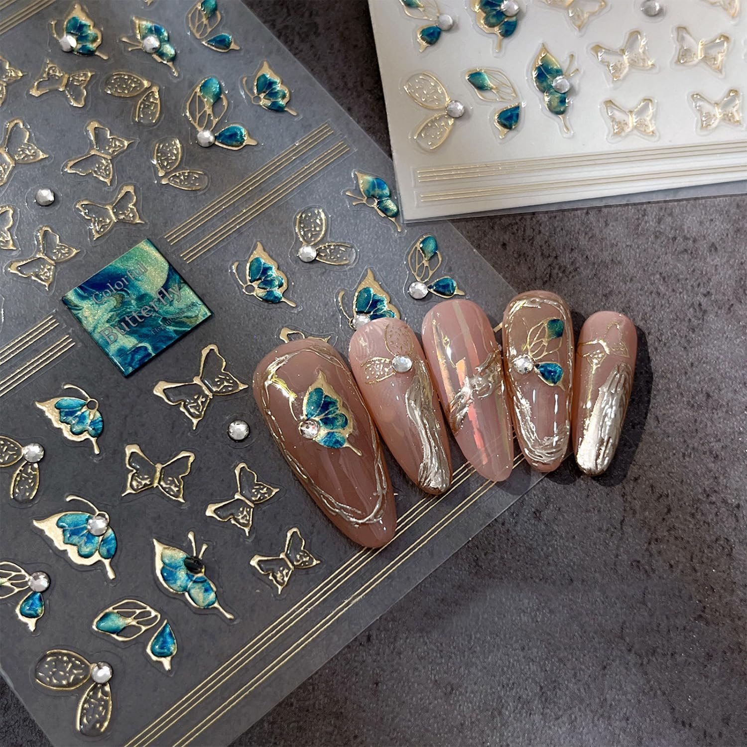 5D Embossed Butterfly Nail Stickers Self-Adhesive Green Butterflies Nail Art Stickers with Rhinestones Glitter Designs Sticker Gold Nail Decals Summer