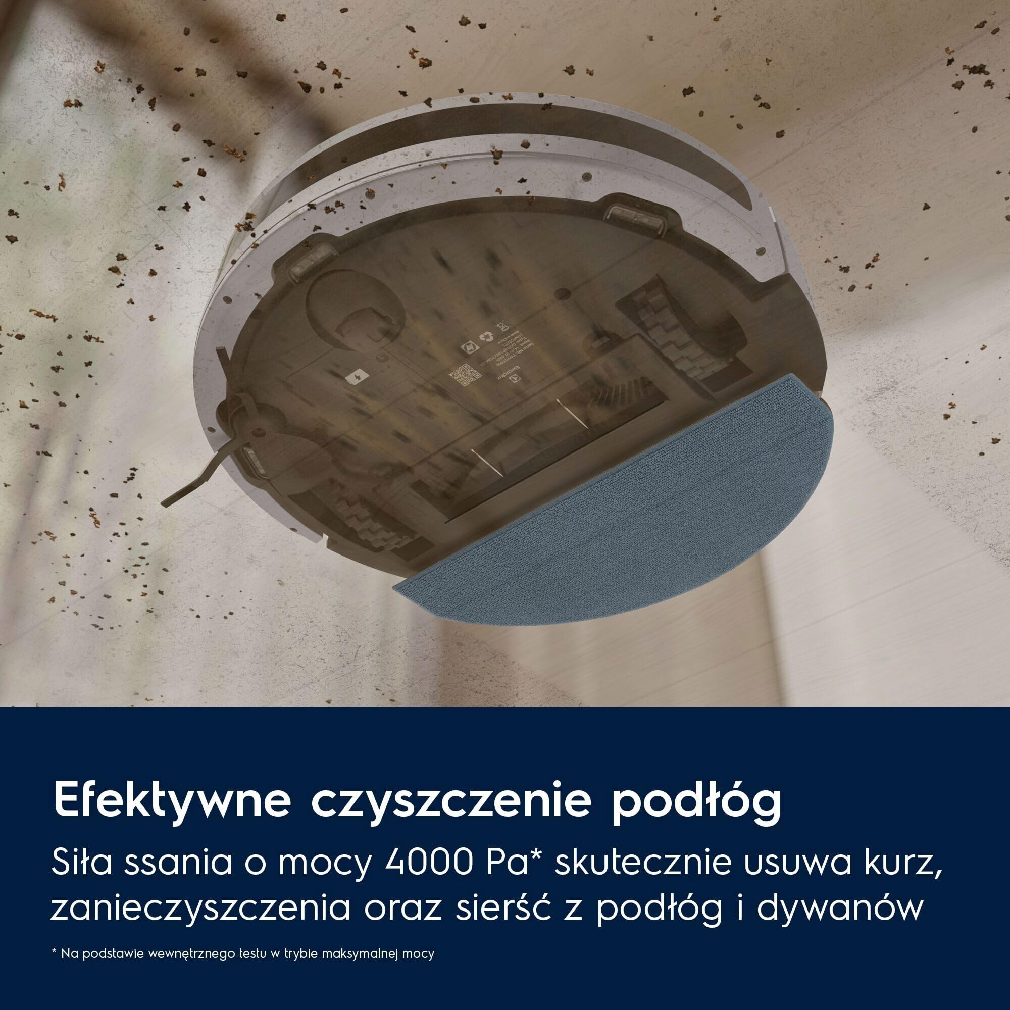 Electrolux Robot Sprzątający Hygienic 700 ER71HW1UG, Mapowanie podłóg LiDAR, Mocne ssanie 4000 Pa, Kompatybilny z WiFi 2,4 GHz na iOS i Androidzie, 175 minut, 0,28L, 140 m², Miejski Szary