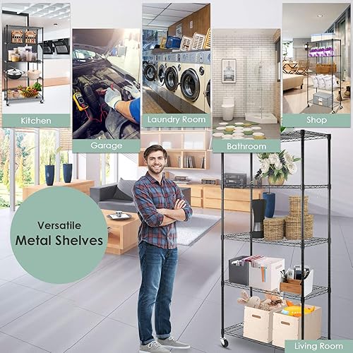 Miniatura 6 de WDT Estantería de 5 estantes con ruedas giratorias estante de metal resistente ajustable para almacenamiento de alambre para oficina en casa garaje