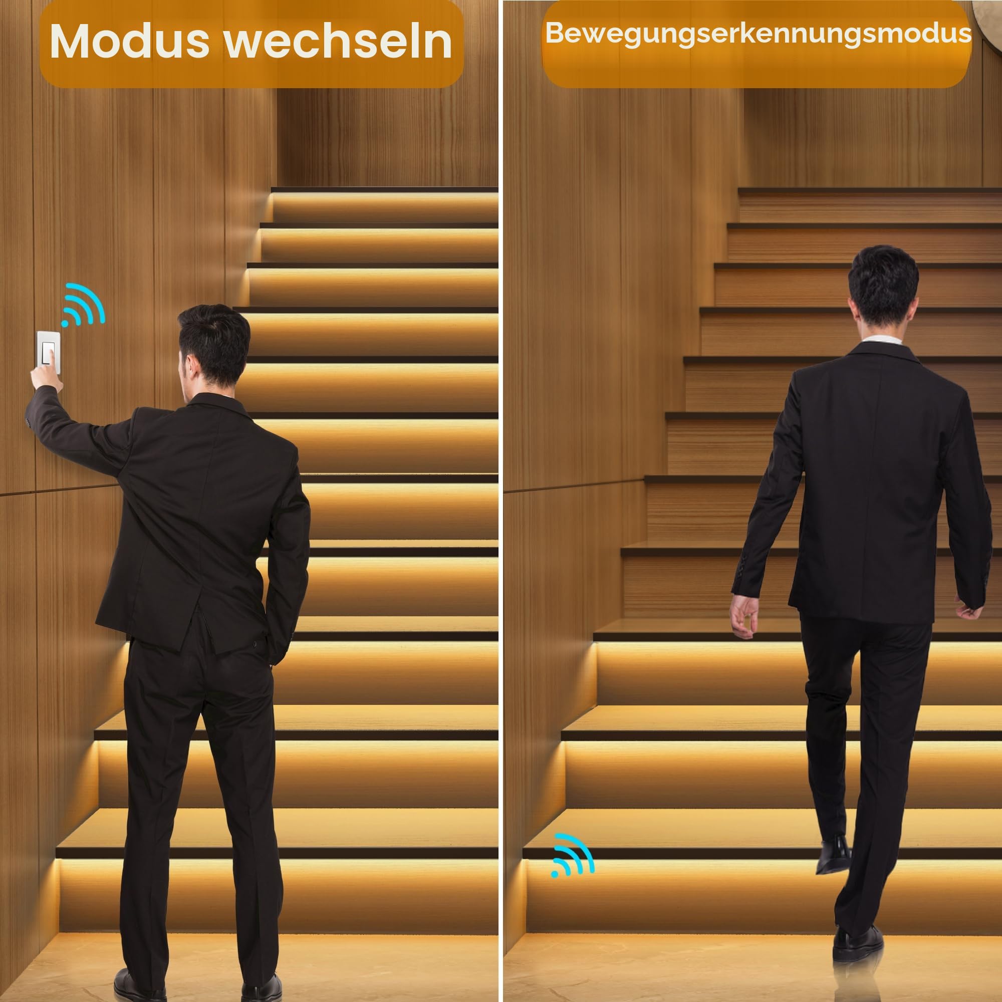 KOMIGANLED Smart Motion Sensing Treppenbeleuchtungsset KMG-3233, 100 cm langer, zuschneidbarer LED-Lichtstreifen für Innentreppen (Warmweiß 3000K, 20 Stufen)