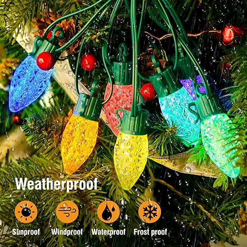 Miniatura 3 de btfarm Luces de Navidad C9 que cambian de color para exteriores, 83.6 pies, 50 luces LED de fresa con control remoto, enchufable, impermeable,