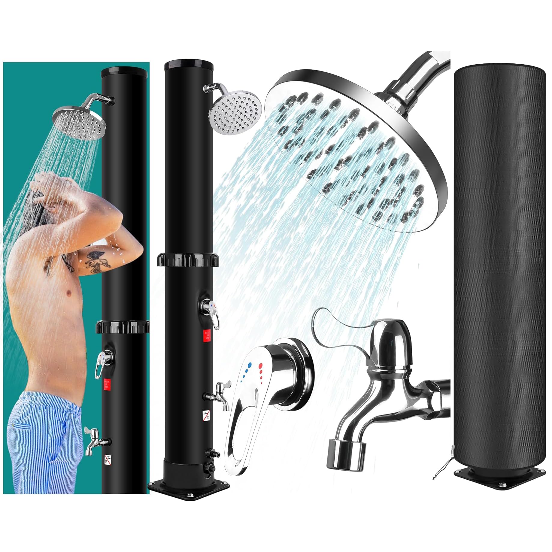 Solardusche 35 Liter, Gartendusche Solar mit Schutzhülle, 360° Regenduschkopf, Fußdusche, Mischbatterie, Gartenschlauchanschluss, Pooldusche für Garten, Pool und Terrasse, Schwarz