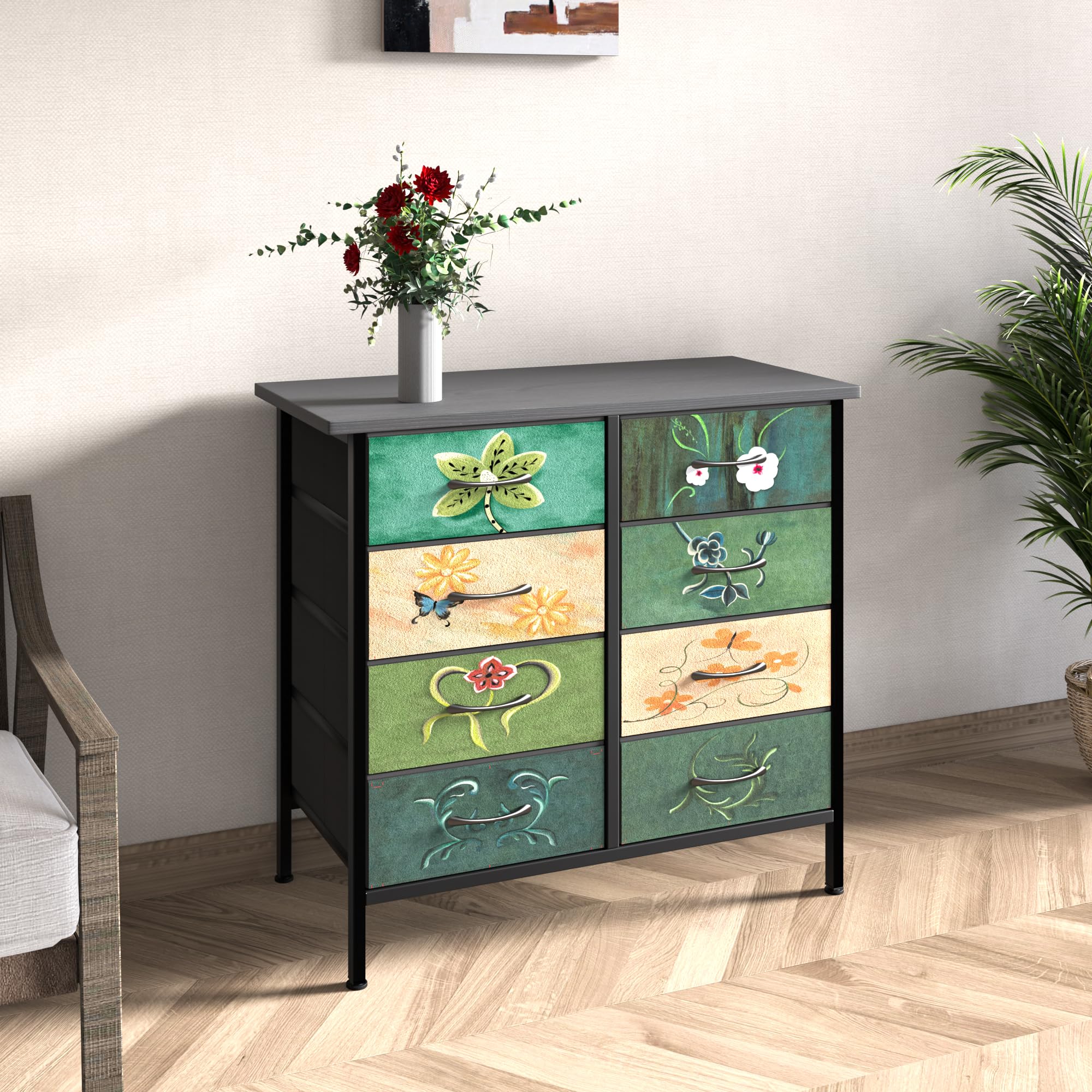 Harpaq Vintage farbic Dresser with 8 Drawer for Bedroom, Chest of Drawers Fabric Dresser for Closet, Storage Organizer Wide Dresser for Bedroom livingroom, Retro Floral Design