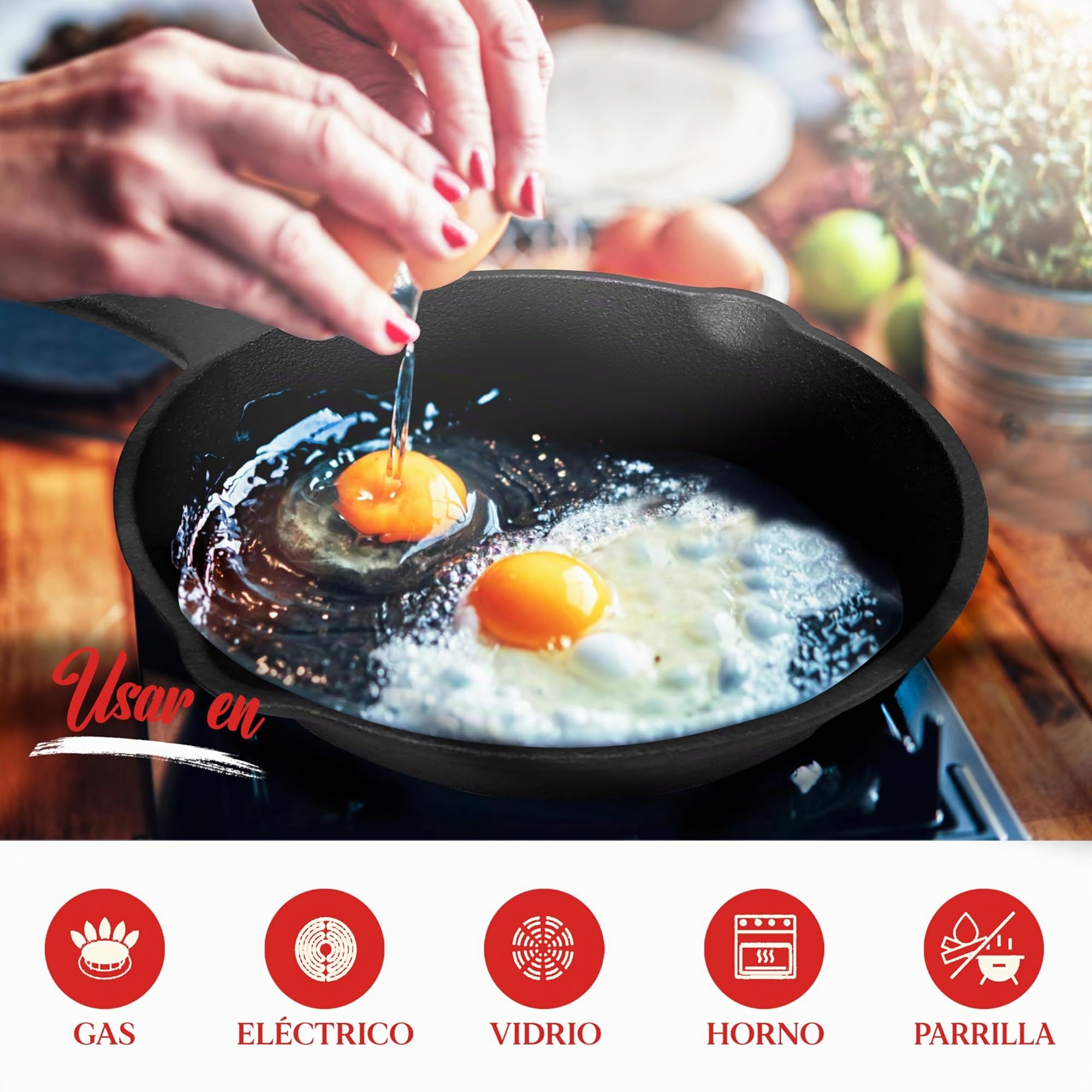 NutriChef sartenes de hierro fundido pre-sazonadas, set de 3 piezas, Boquilla antigoteo y raspador, Compatible con induccion, Estufa electrica, Gas y ceramica