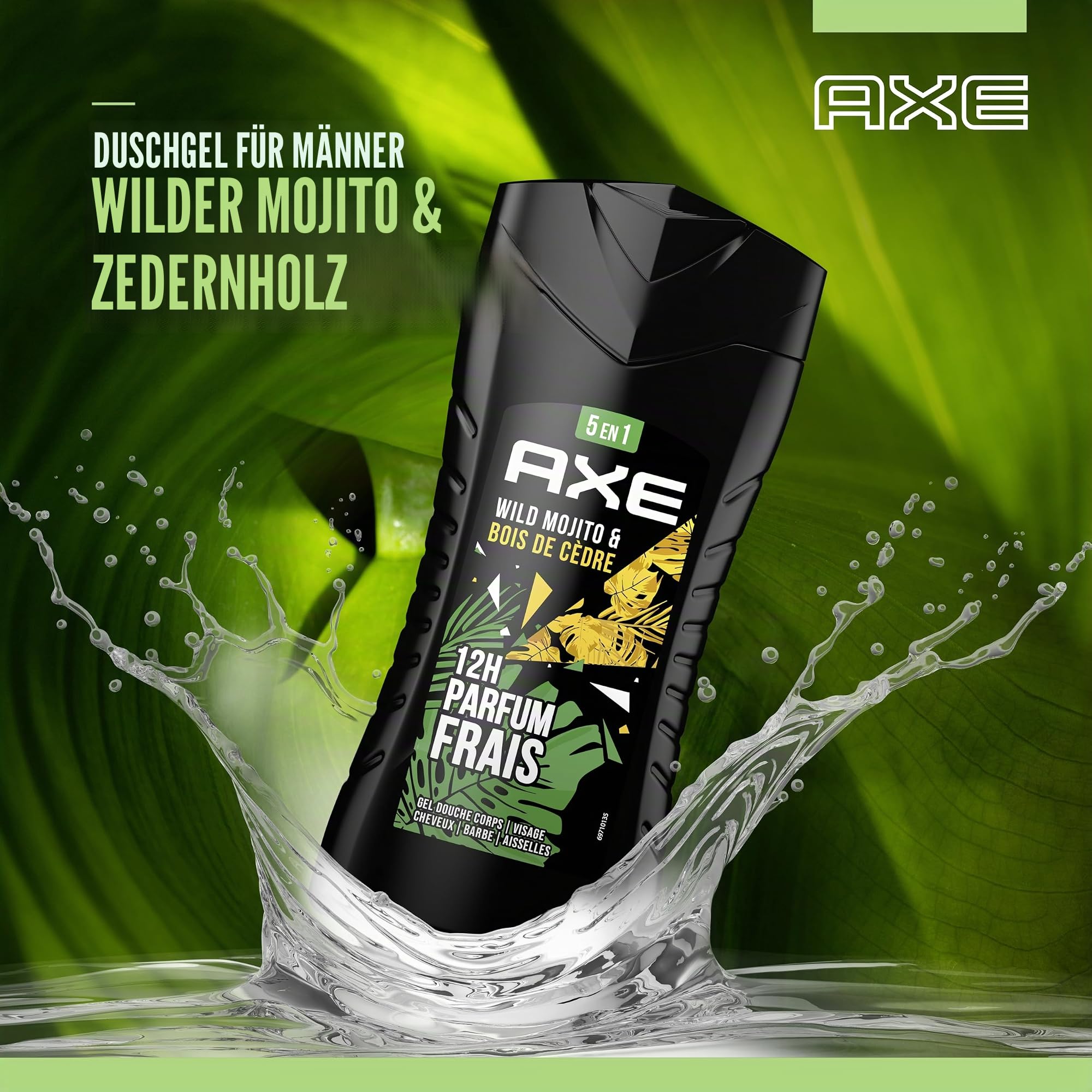 AXE - Duschgel für Herren, 5-in-1, Wild – 24 Stunden feuchtigkeitsspendend – 87% Inhaltsstoffe natürlichen Ursprungs – Duft Mojito & Zedernholz (12 x 250 ml)