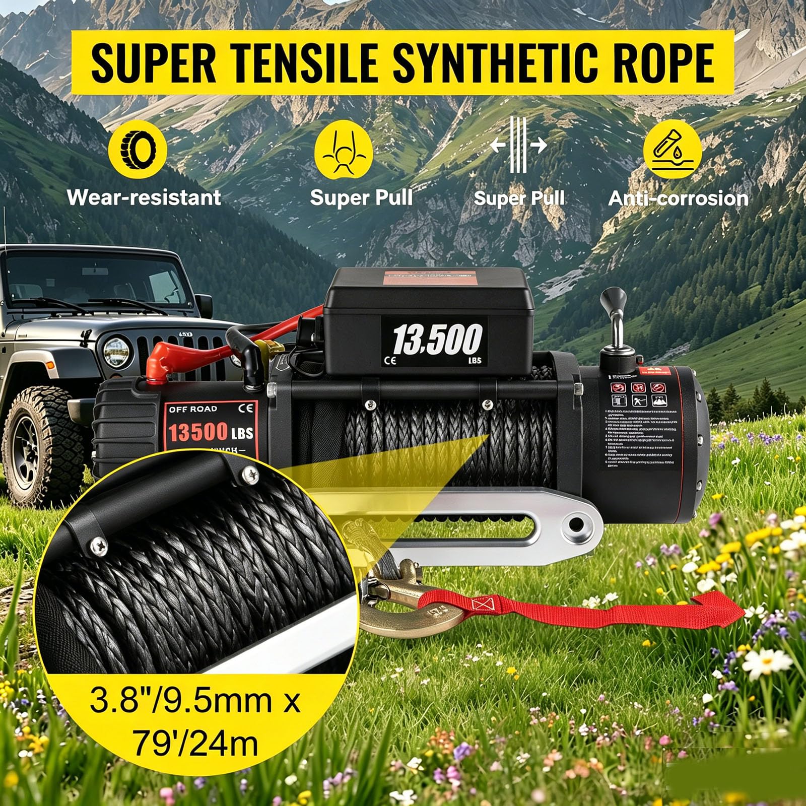 Winch Treuil électrique 13500 lbs/6124 kg, 12V Treuil de Voiture avec Télécommande sans fil & Étanche IP55 pour Jeep/SUV/Bateau/RV/Off-road Vehicle/Camper Van etc. (13500 lbs)