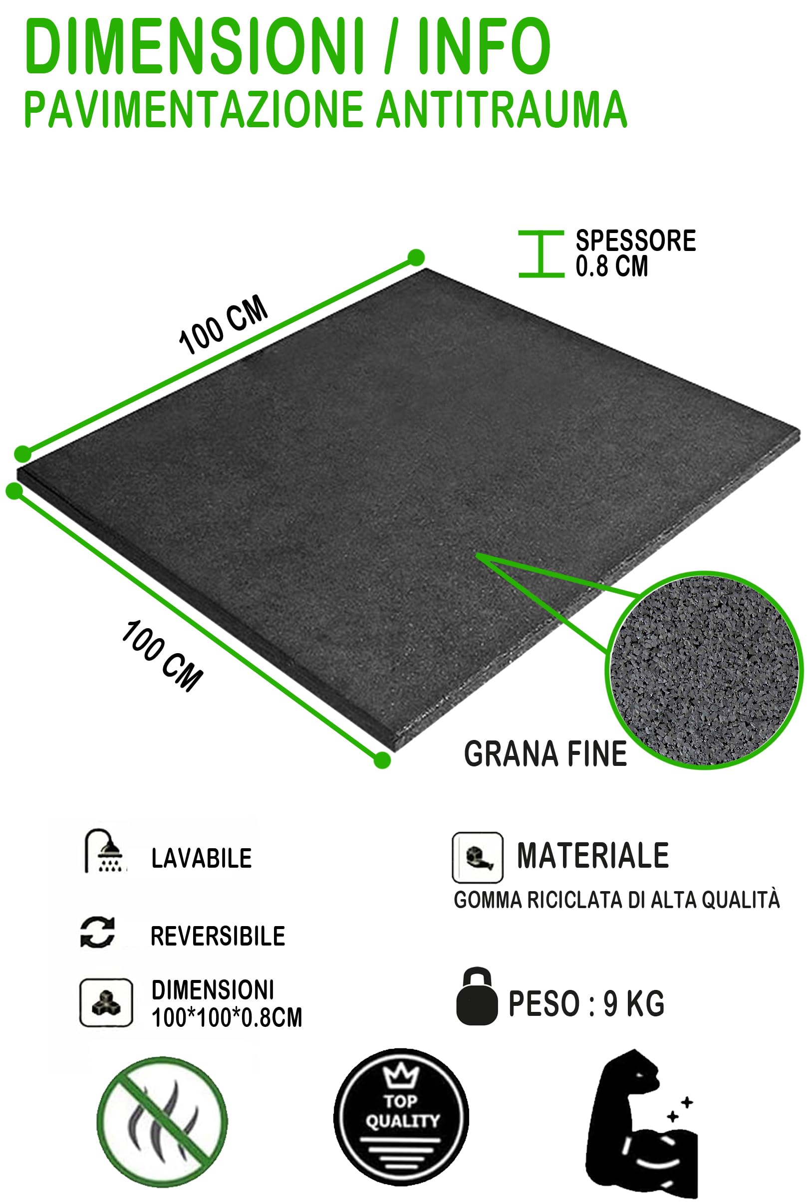 G5 HT SPORT Pavimentazione Antitrauma Antiscivolo | Pavimento Gommato Palestra 100x100cm [Spessori 0.8e2Cm] Box Allenamento, Palestre e Aree Fitness | Grana Media