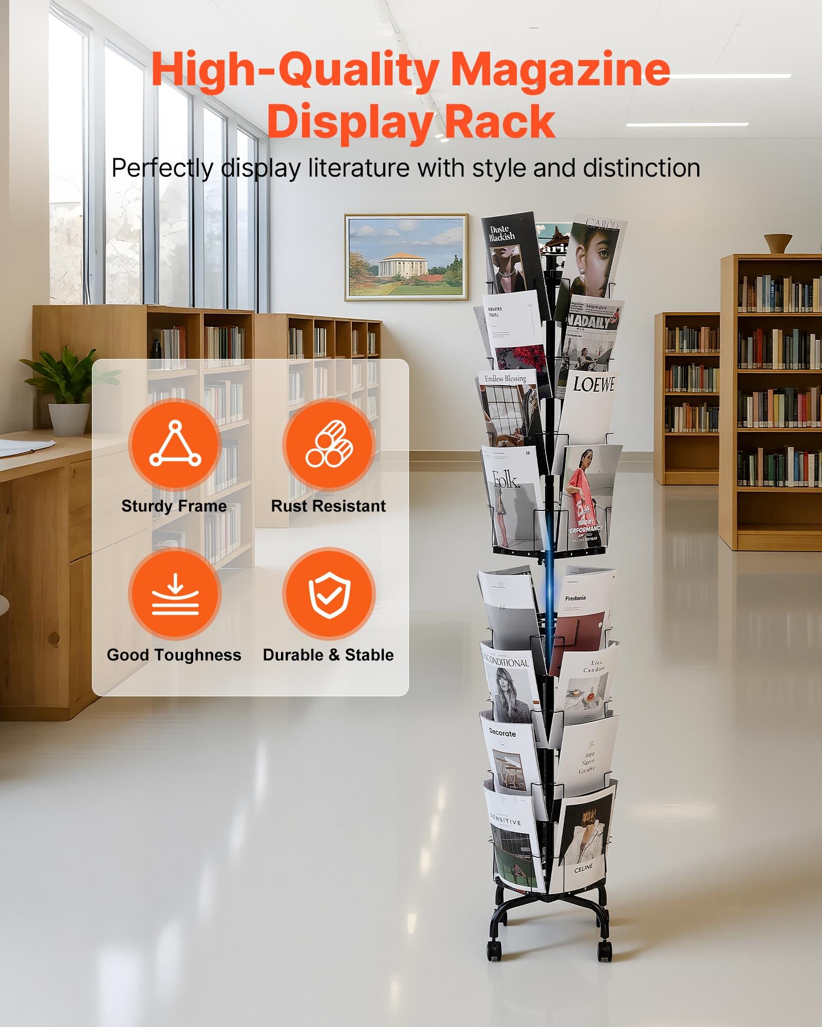 VEVOR Supporto Portariviste da Pavimento Girevole per Brochure e Cartoline con 32 Tasche, Espositore Girevole a 360° con 4 Ruote, Espositore da Terra per Brochure per Mostre, Uffici e Fiere