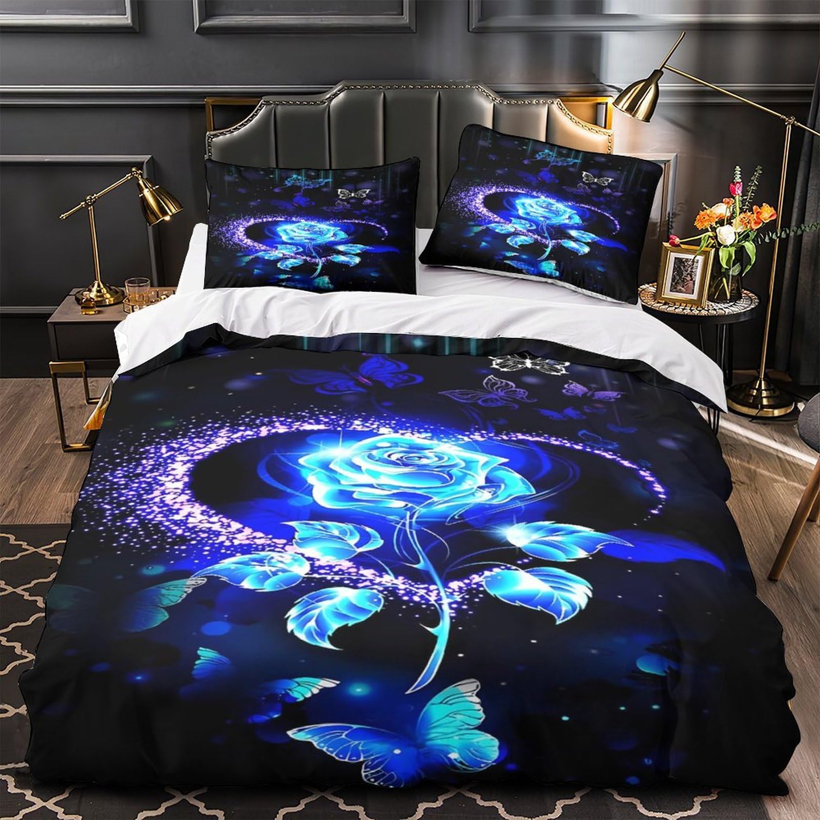 Parure de lit fleurs bleues 200x200 hypoallergénique avec zip