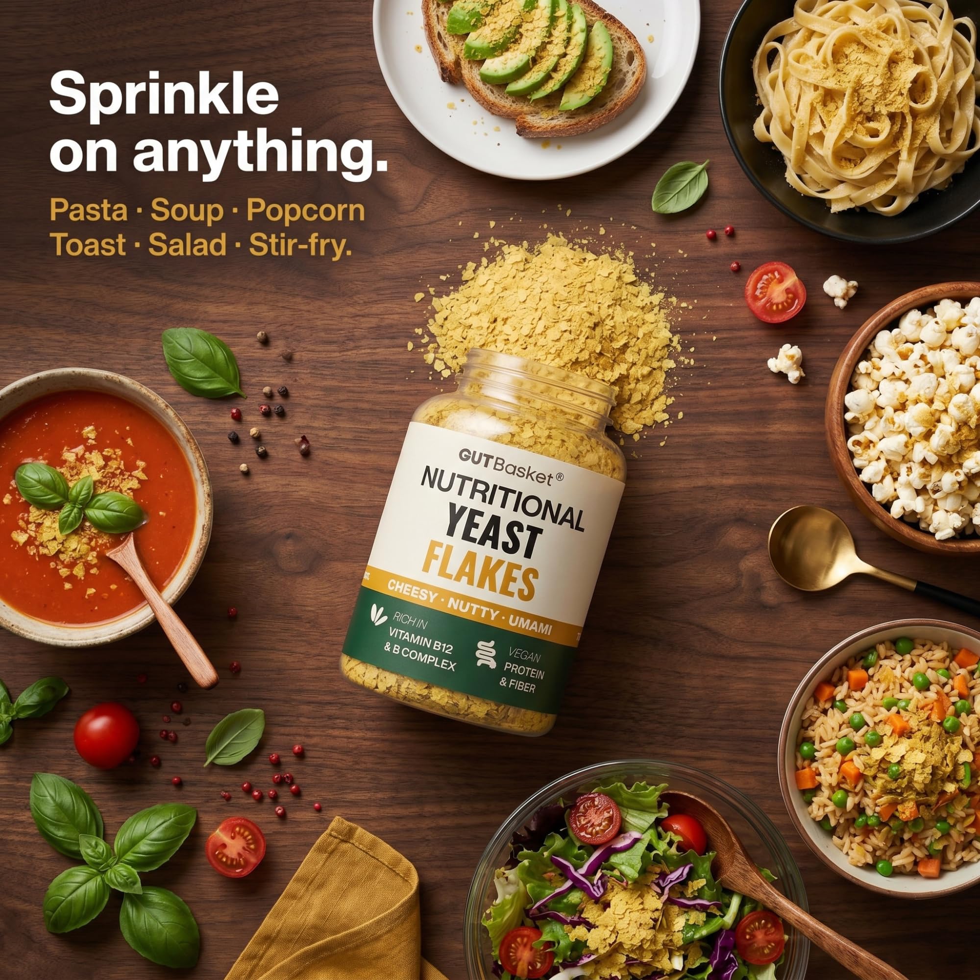 Gutbasket Nutritional Yeast Flakes 75g | Fortified with Vitamin B12 & B-Complex | 48g Plant Protein and 20g Fibre per 100g | Vegan Cheese Seasoning | Cheesy Nutty Umami | Non-GMO Gluten-Free 4