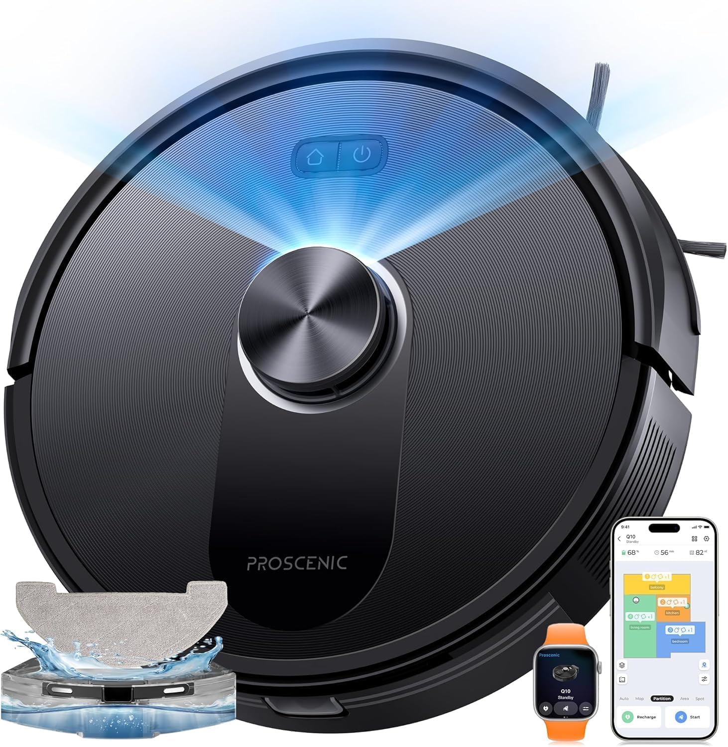 Proscenic Q10 Robot Aspirapolvere Lavapavimenti con Mappatura, Robot Pavimenti 10000Pa 200min, LiDAR Intelligente, Controllo APP/Alexa/WiFi/Siri/IFTTT, Ideale per Pulizia Domestica/Peli Animali